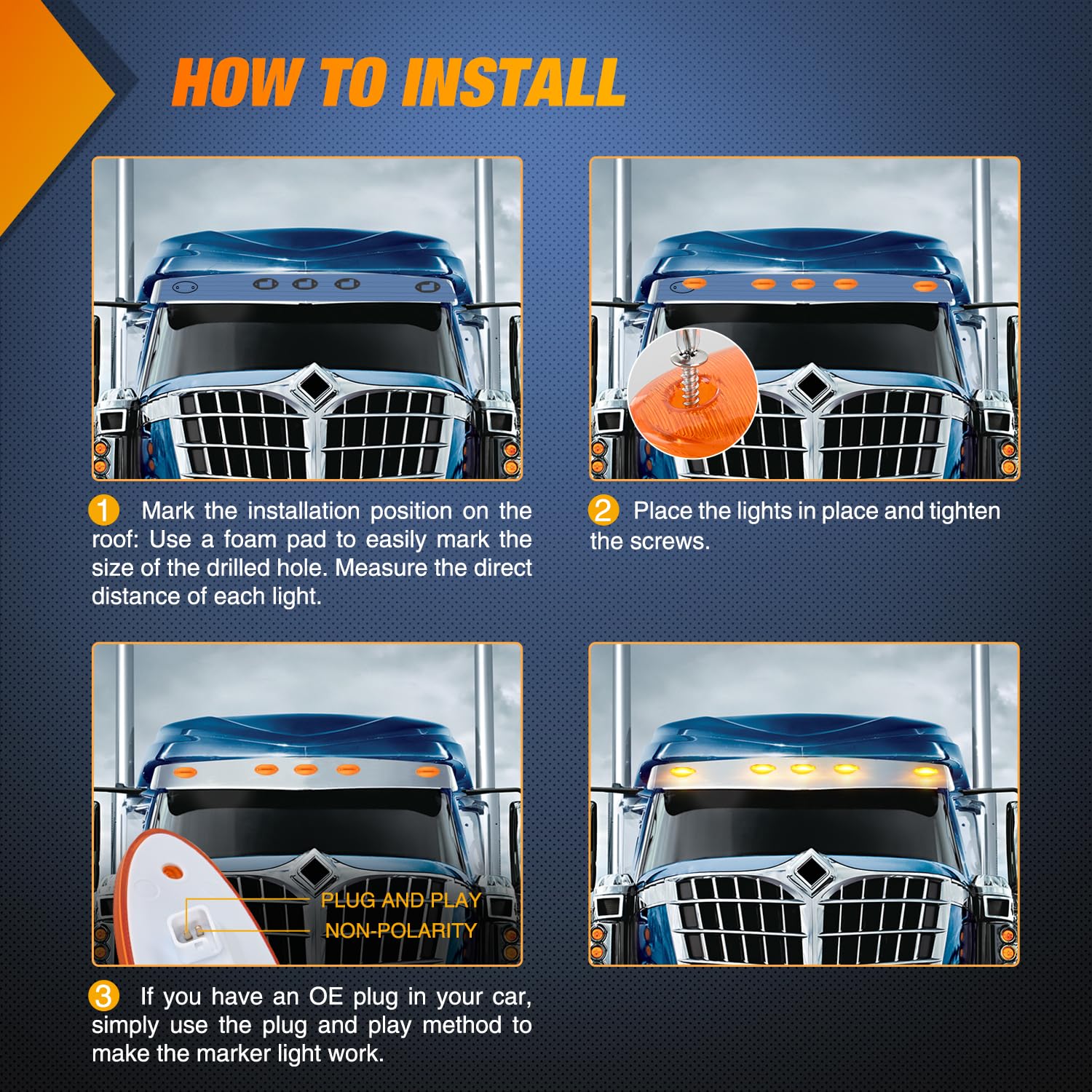 Nilight Cab Roof Marker Light 5 Pcs 4 Led Amber Top Clearance Indicator Lights Waterproof Surface Mount For Heavy Duty Trucks Tr