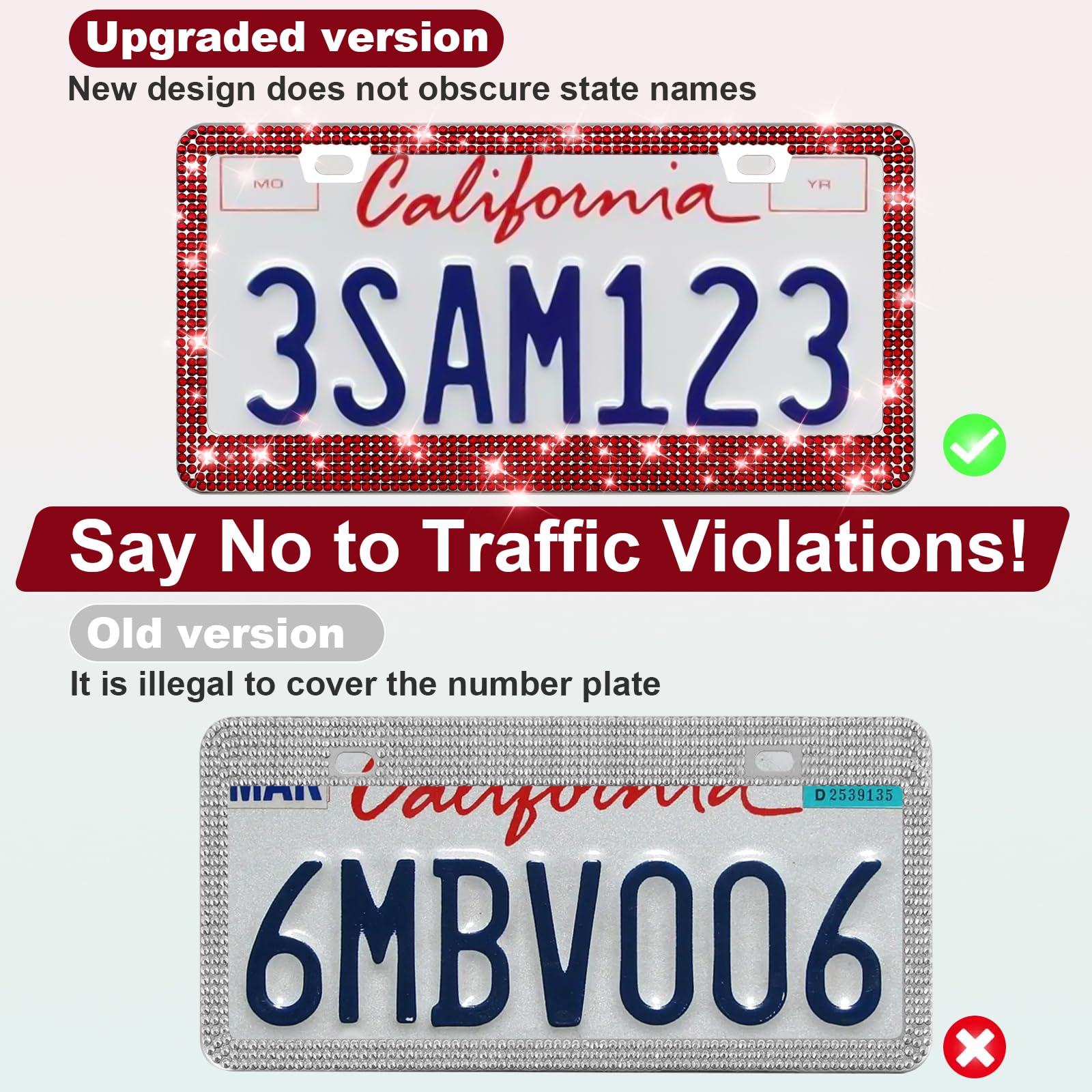 Quanqiufei 2 Pack Bling License Plate Frames For Women, Sparkly Rhinestone Diamond Car Accessories With Glitter Crystal Caps (Bu