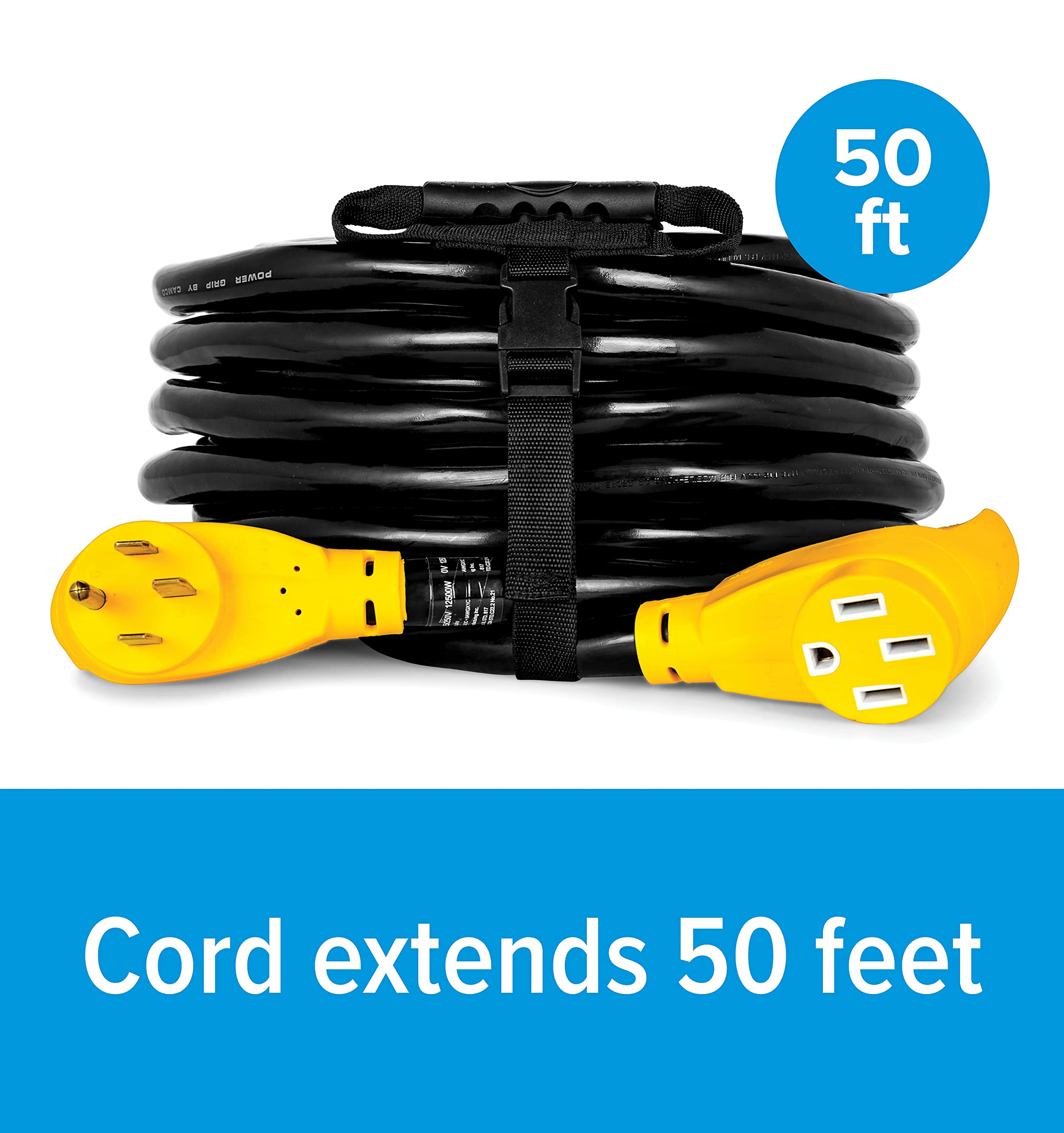 Camco Power Grip 50-Ft 50 Amp Rv Extension Cord - Rated For 125/250 V/12,500 W - Features Copper 6/3 + 8/1-Gauge Wires For Super