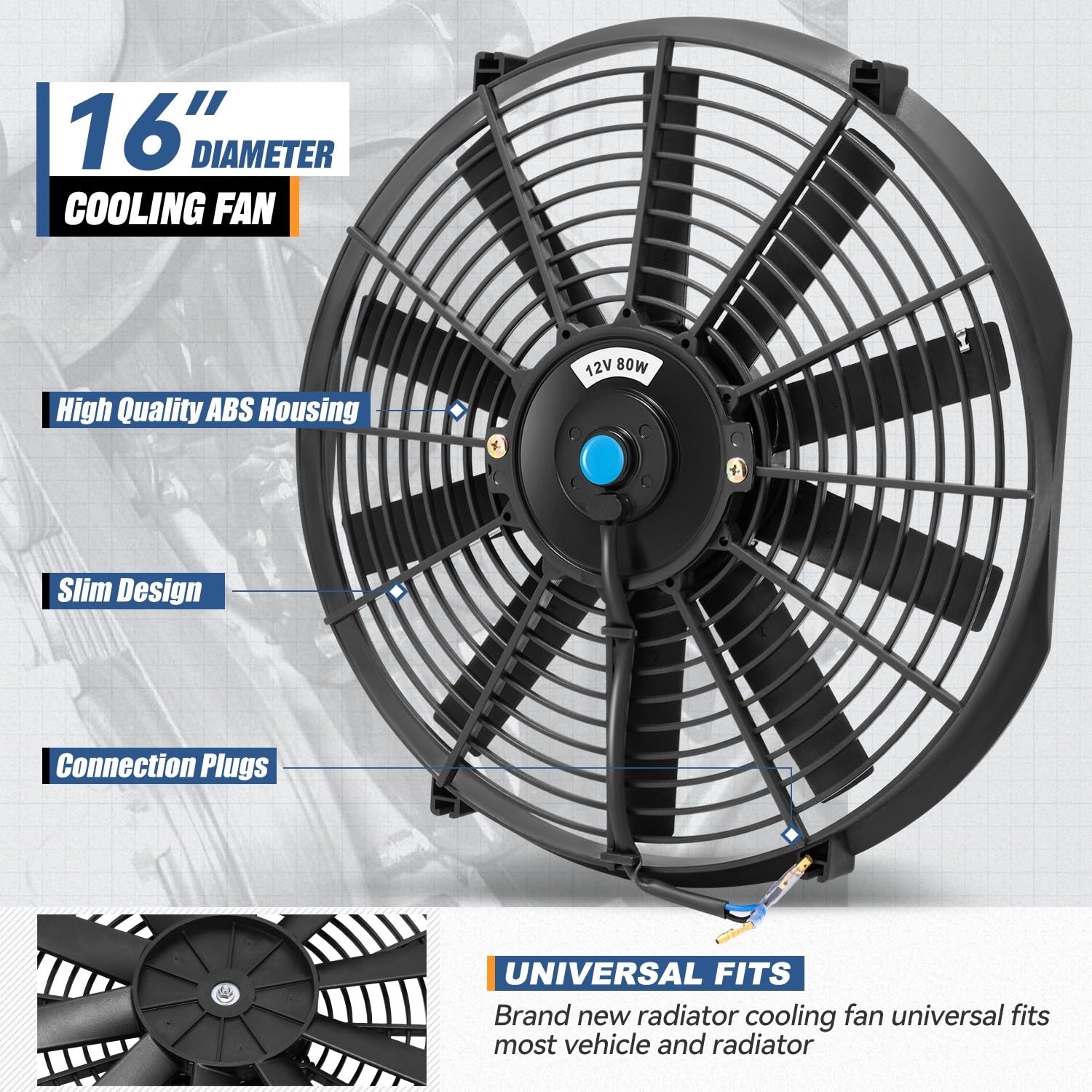 Auto Dynasty Universal 16 Inches High Performance Electric Slim Radiator Cooling Fan With Mounting Kit, (Pack Of 2) 12V, Black