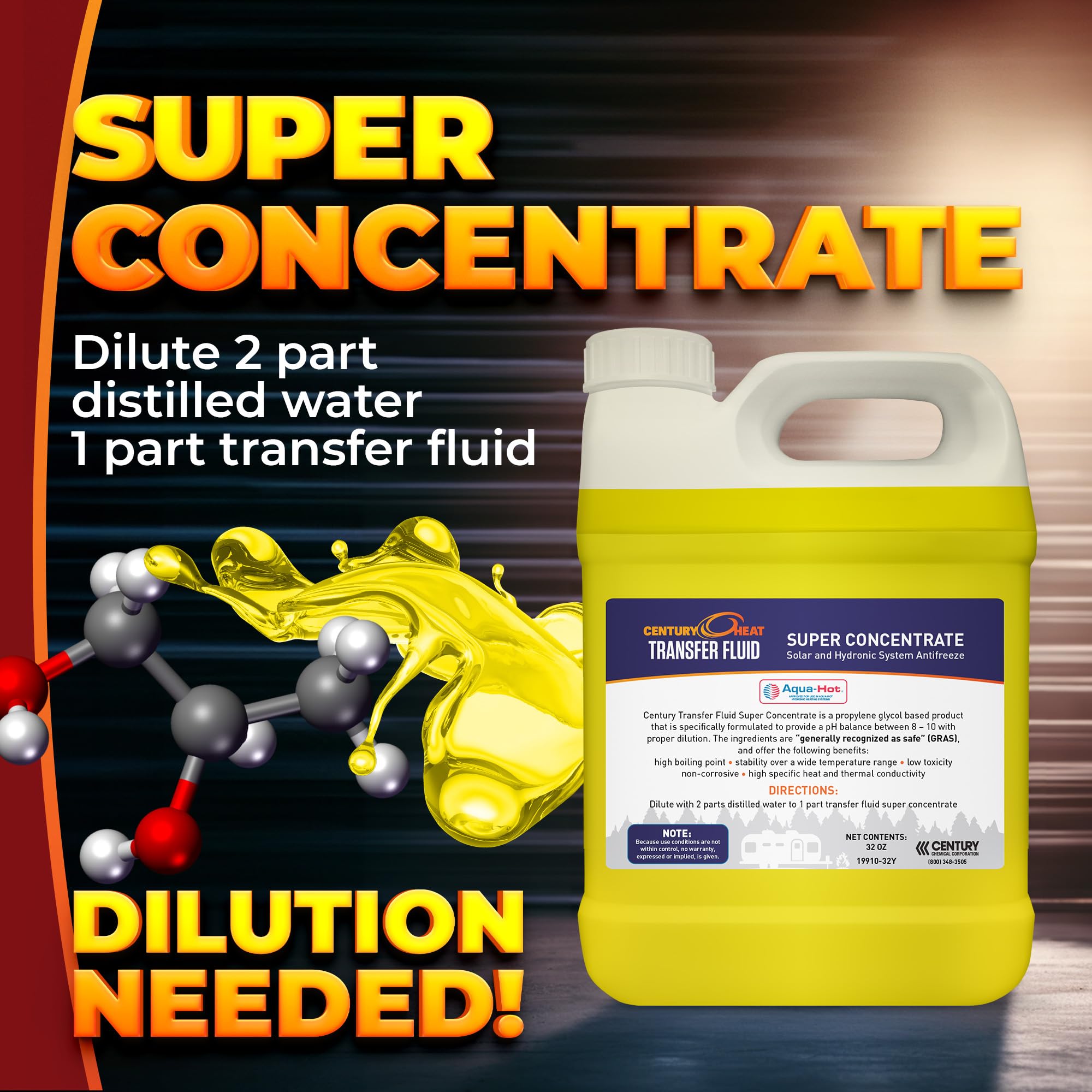 Century Chemical RV Antifreeze - Non-Corrosive Propylene Glycol, 32oz Concentrated, Recommended by Aqua-Hot, Yellow, Model 19910-32Y