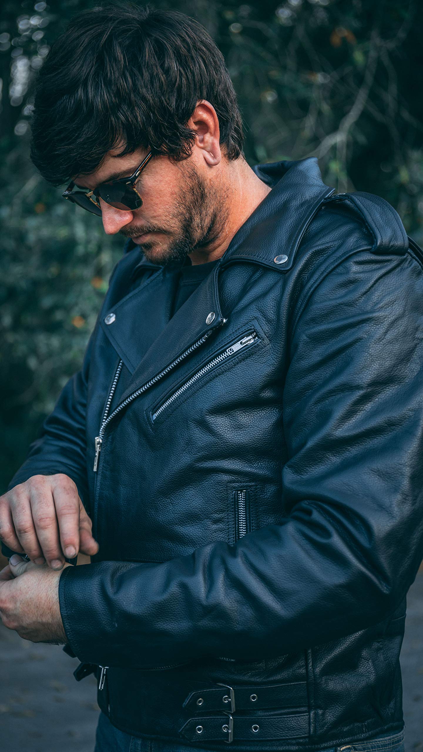 HWK Brando Leather Motorcycle Jacket for Men, Black, XX-Large, Genuine Leather, Removable CE Armor, Weather Resistant