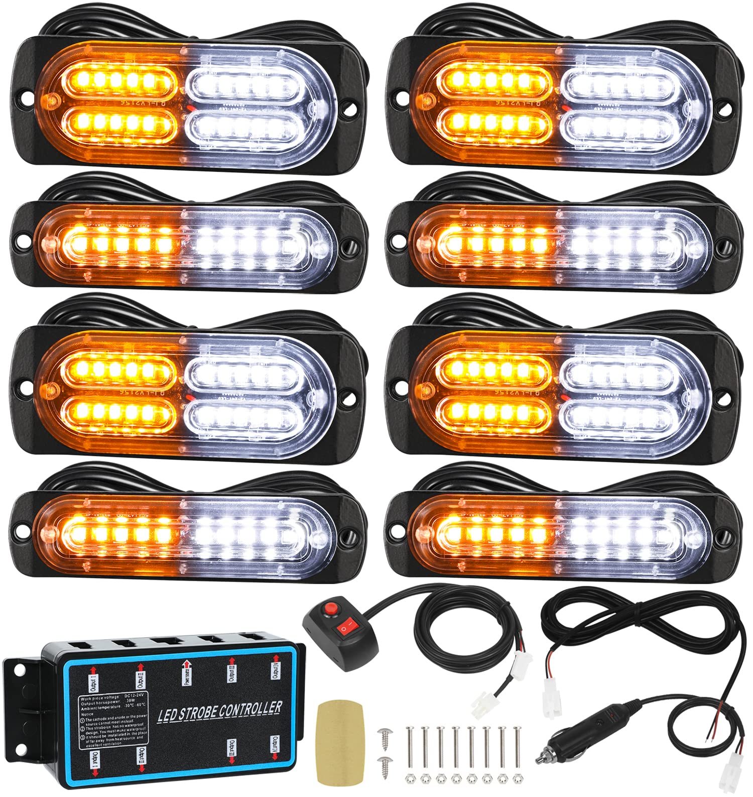 LINKITOM 8pcs Ultra Slim Sync Feature Car Truck Surface Mount Emergency Hazard Warning Strobe light with Strobe Controller and W