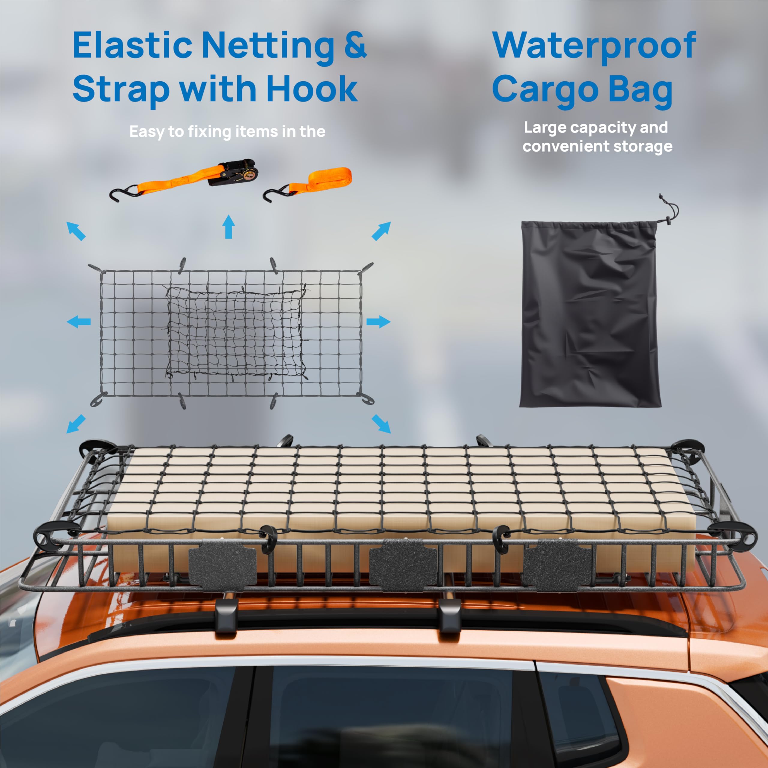 Tuffiom 84''X 39''X 6'' Universal Rooftop Cargo Carrier Basket, Extendable Steel Roof Rack Basket W/Net+Storage Bag+Pedal+Straps
