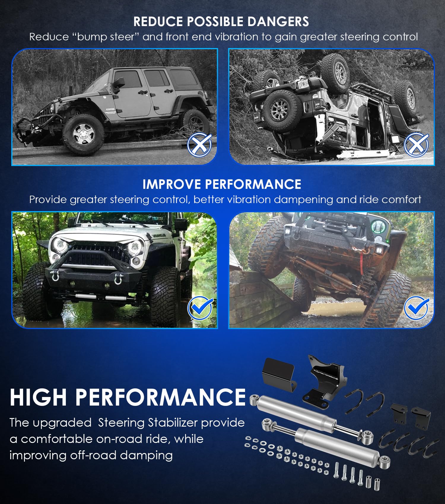 For Jeep Wrangler JK Dual Steering Stabilizer, N3 Dual Steering Stabilizer Kit for Jeep Wrangler JK 2007-2018 with 2'' of Lift o