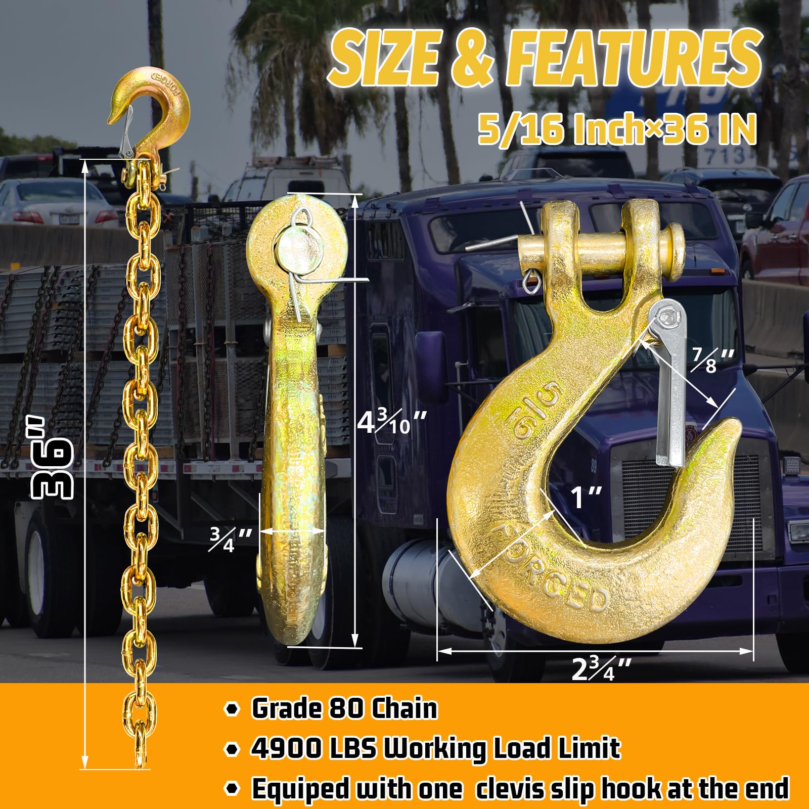 5/16'' Trailer Safety Chains G80 Tow Chains With G70 Clevis Safety Hooks 36'' Length 17000 Lbs Break Strength 4900 Lbs Safety Wo
