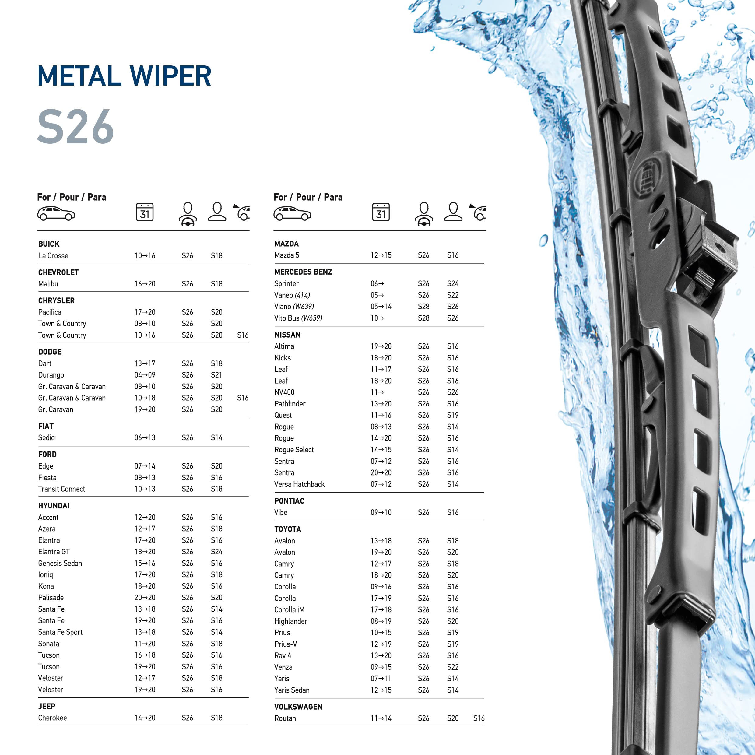 Hella Oe Quality 26 Inch All Seasons Streak-Free Rubber Standard Wiper Blade (Single Blade) Fits Select Chevrolet Chrysler Dodge