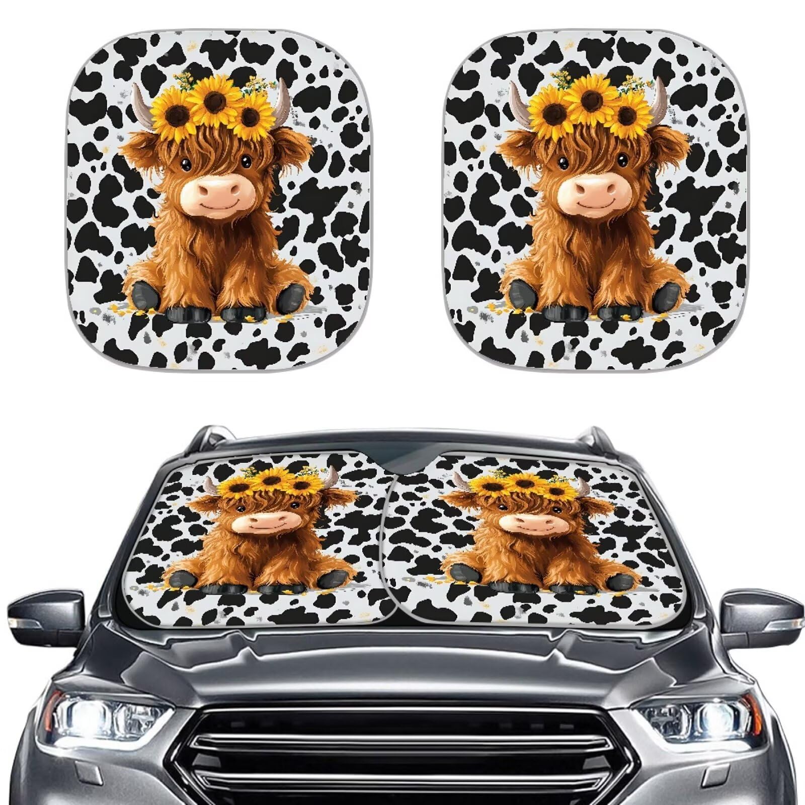 Huisefor Highland Cow 2 Piece Car Windshield Cover Cow Print Car Sun Shade For Summer Heat Resistant Automotive Windshield Sunsh