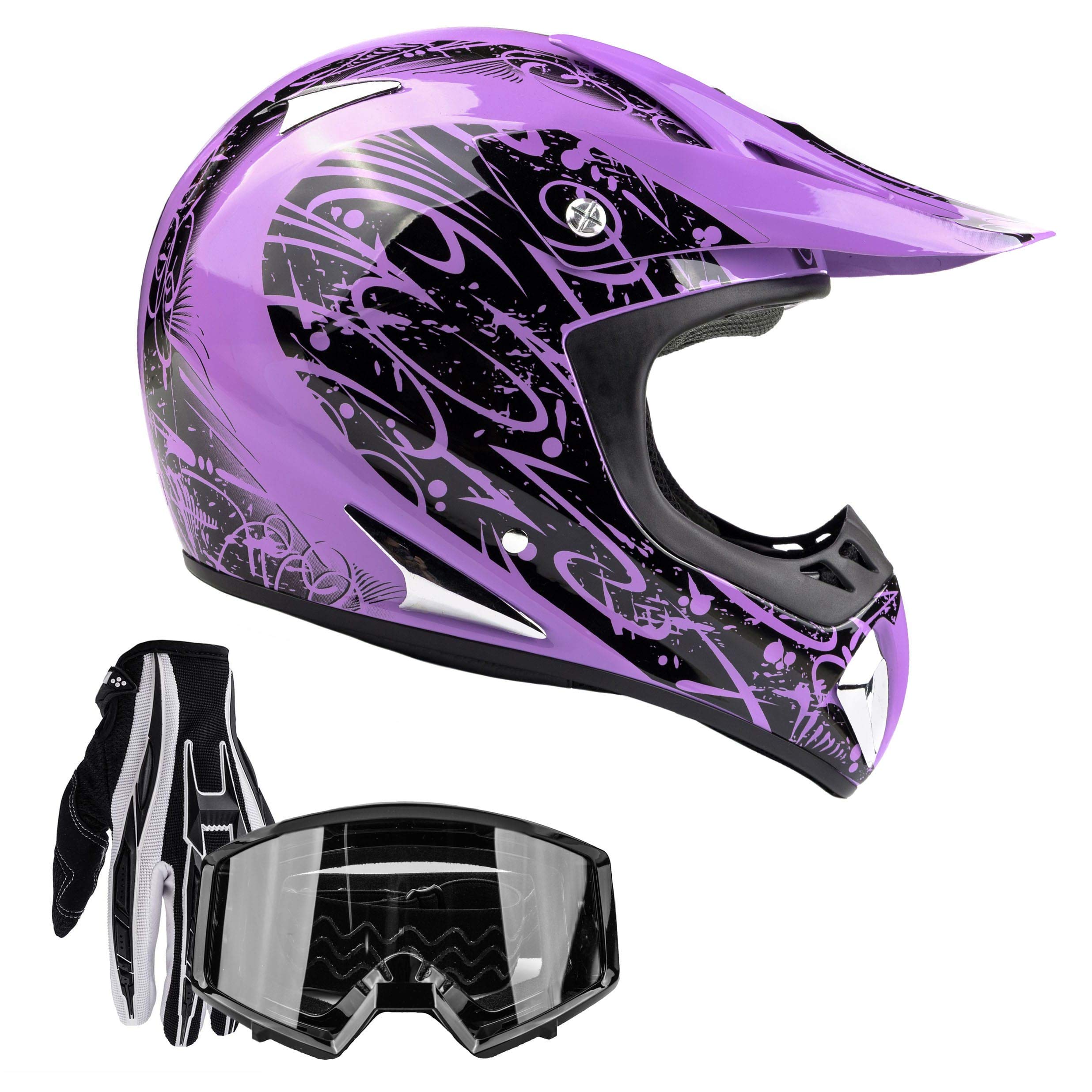 Typhoon Adult Atv Helmet Goggles Gloves Gear Combo Black Purple ( Xxl )