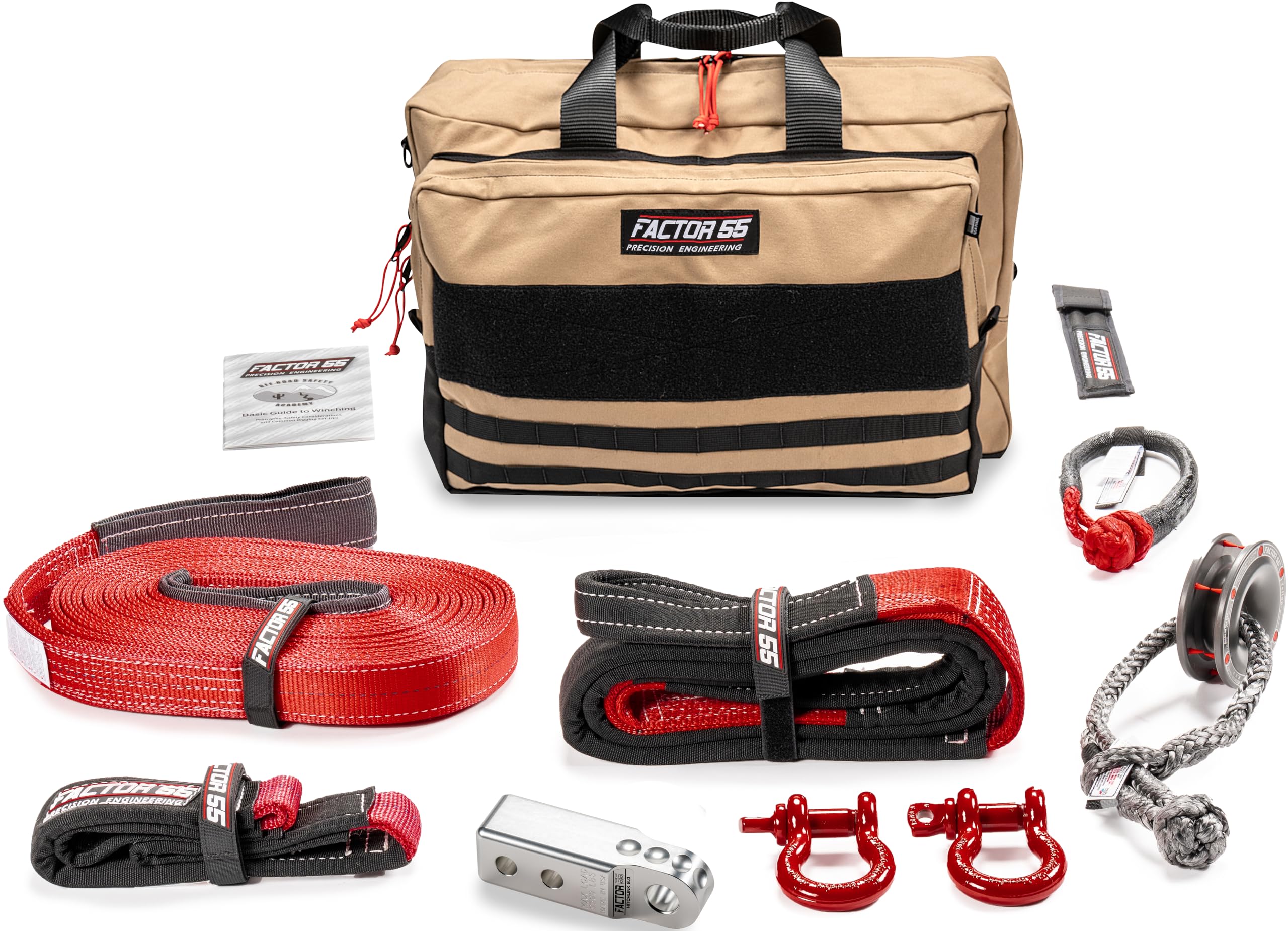 Factor 55 Sawtooh Winch and Tow Recovery Kit for Trucks, Jeeps, and SUVs, with Silver Hitchlink and Large Bag