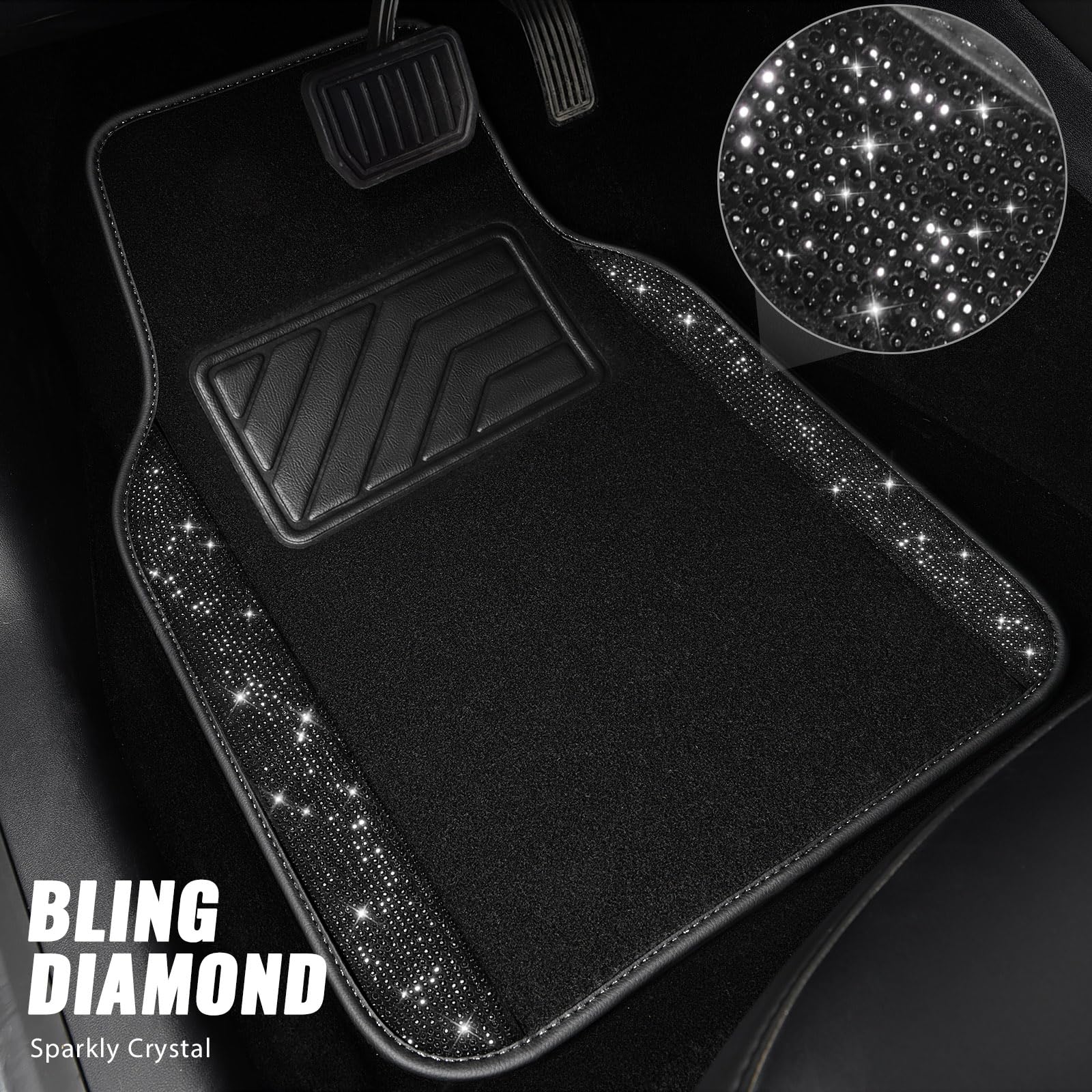 Car Pass Bling Rhinestones Diamond Universal Waterproof Car Floor Mat, Crystal Sparkling Shining Glitter Carpet With Anti-Slip Pvc Heel Pad For Suv,Sedan,Van,4Pcs Girl Women Men (Black)