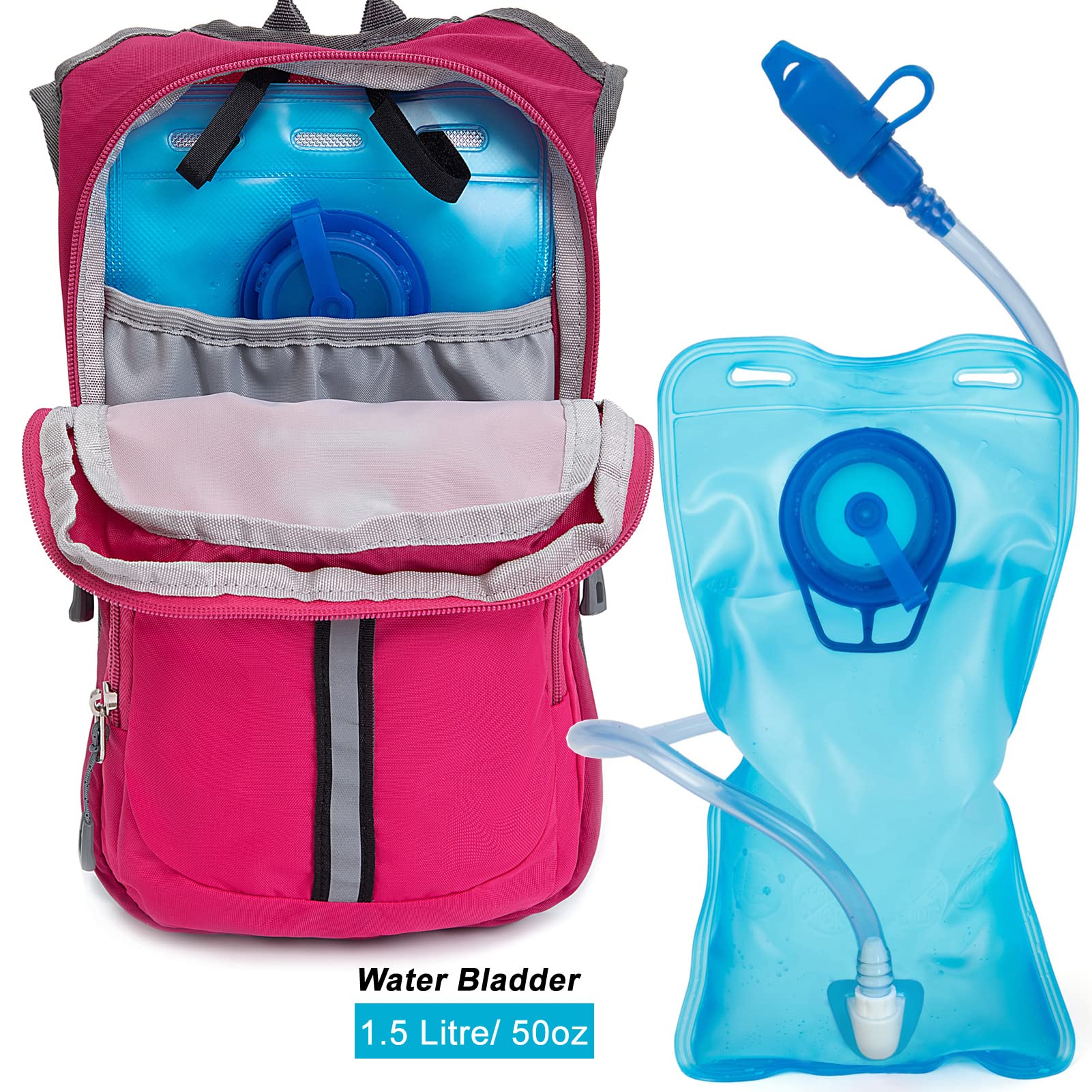 Ivygreen Kids Hydration Backpack, Hiking Backpack For Boys Or Girls With 1.5L Water Bladder (Rose Red)