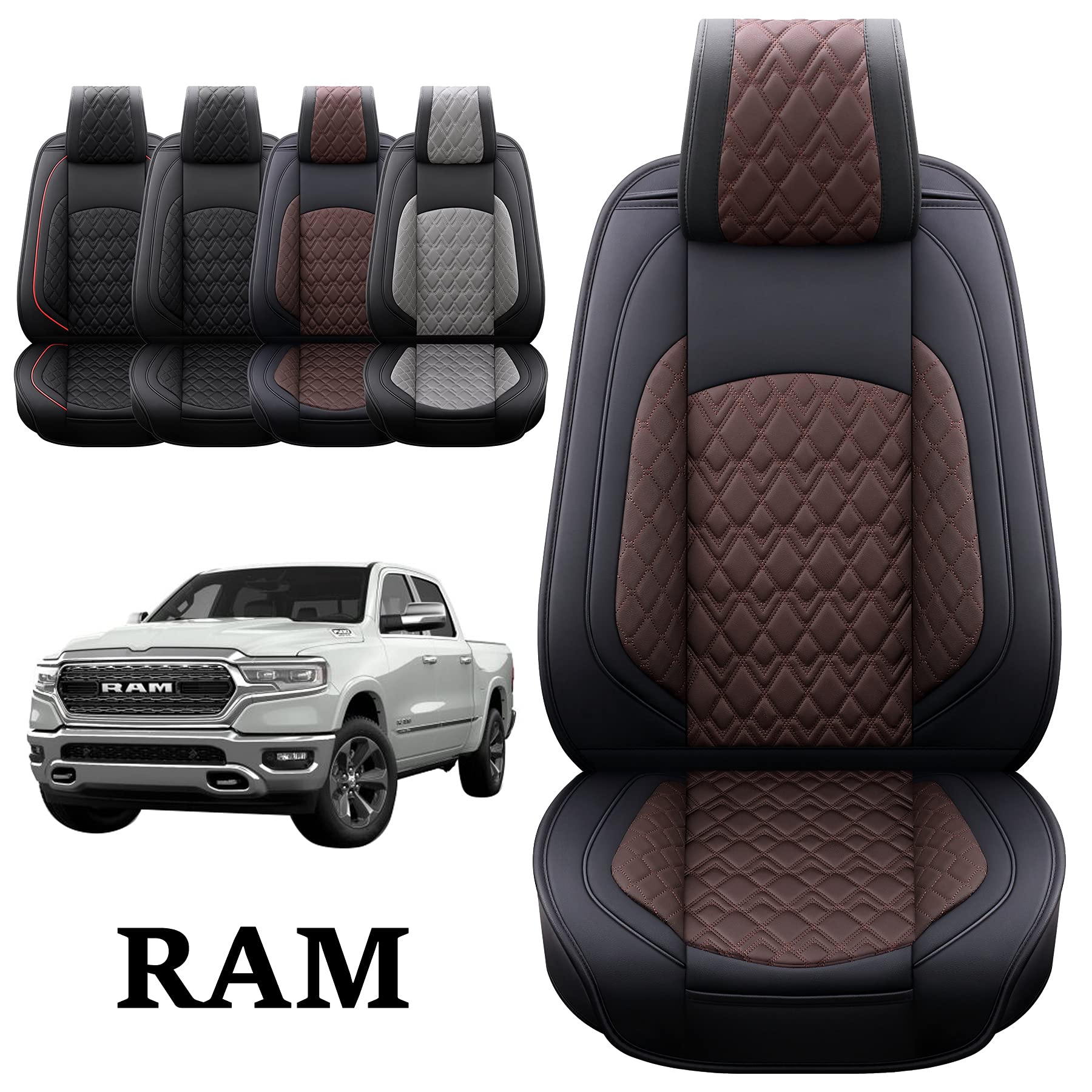 Jojobay Car Seat Covers For Dodge Ram 2 Pcs Front,Fit Ram 2009-2023 1500/2500/3500 Pick-Up Truck,Crew,Regular,Quad,Mega Cab,Waterproof Leather Seat Covers Protectors(2Pcs Front,Black-Brown)