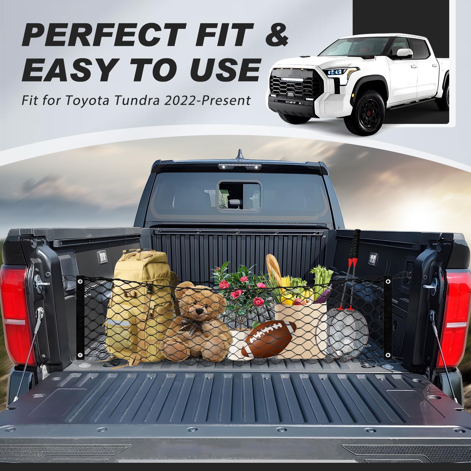 Karltys Truck Bed Cargo Net For Toyota Tundra 2007-2024 2025 Accessories, Envelope Style Elastic Pickup Truck Bed Cargo Net, Hea