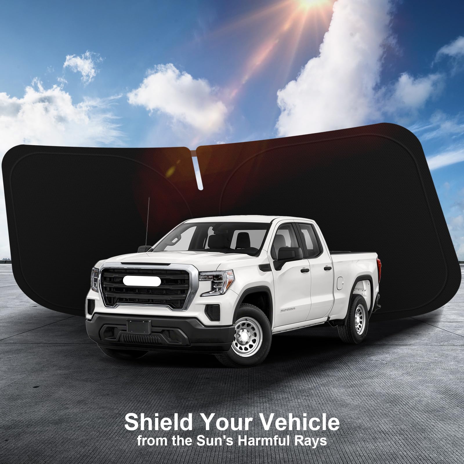 SHINEHOME Car Windshield Sun Shade Compatible with 2025 2024 2023 2022 2021 2020 2019 GMC Sierra 1500 2500 3500 SLT, AT4, Denali Accessories Foldable Sunshade Truck Custom Windshield Sun Visor