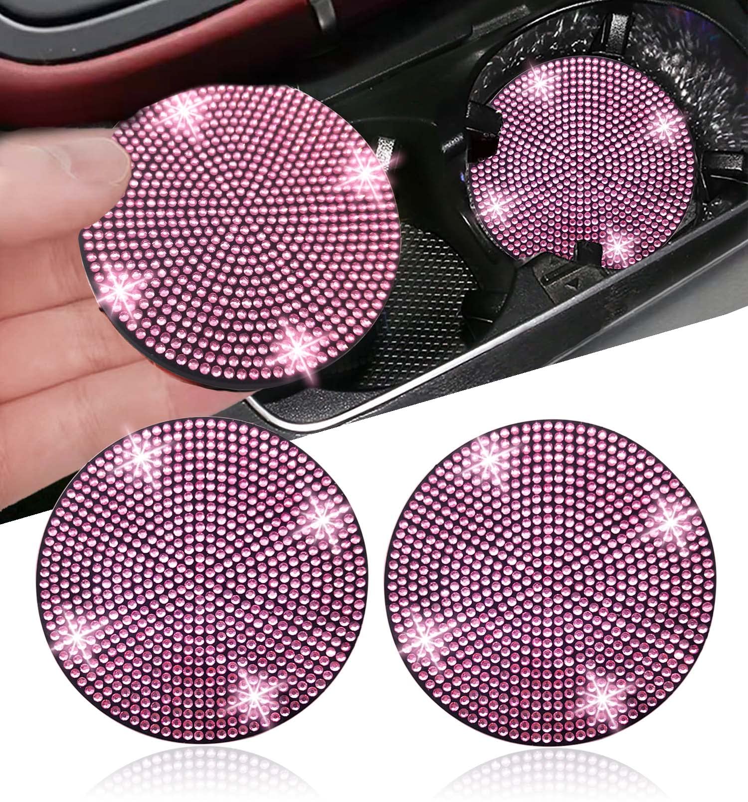 2Pcs Bling Car Cup Holder Coaster, 2.75 Inch Anti-Slip Shockproof Universal Fashion Vehicle Car Coasters Insert Bling Crystal Rhinestone Auto Automotive Interior Accessories For Women (2 Pcs, Pink)