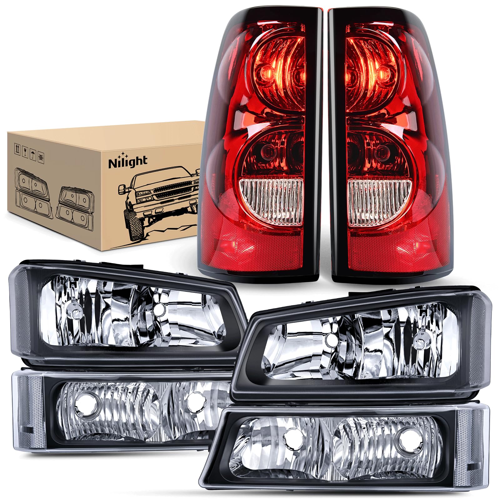 Nilight Headlight And Taillight Assembly Combo Compatible With 2003 2004 2005 2006 2007 Chevy Silverado 1500 1500Hd 2500 2500Hd