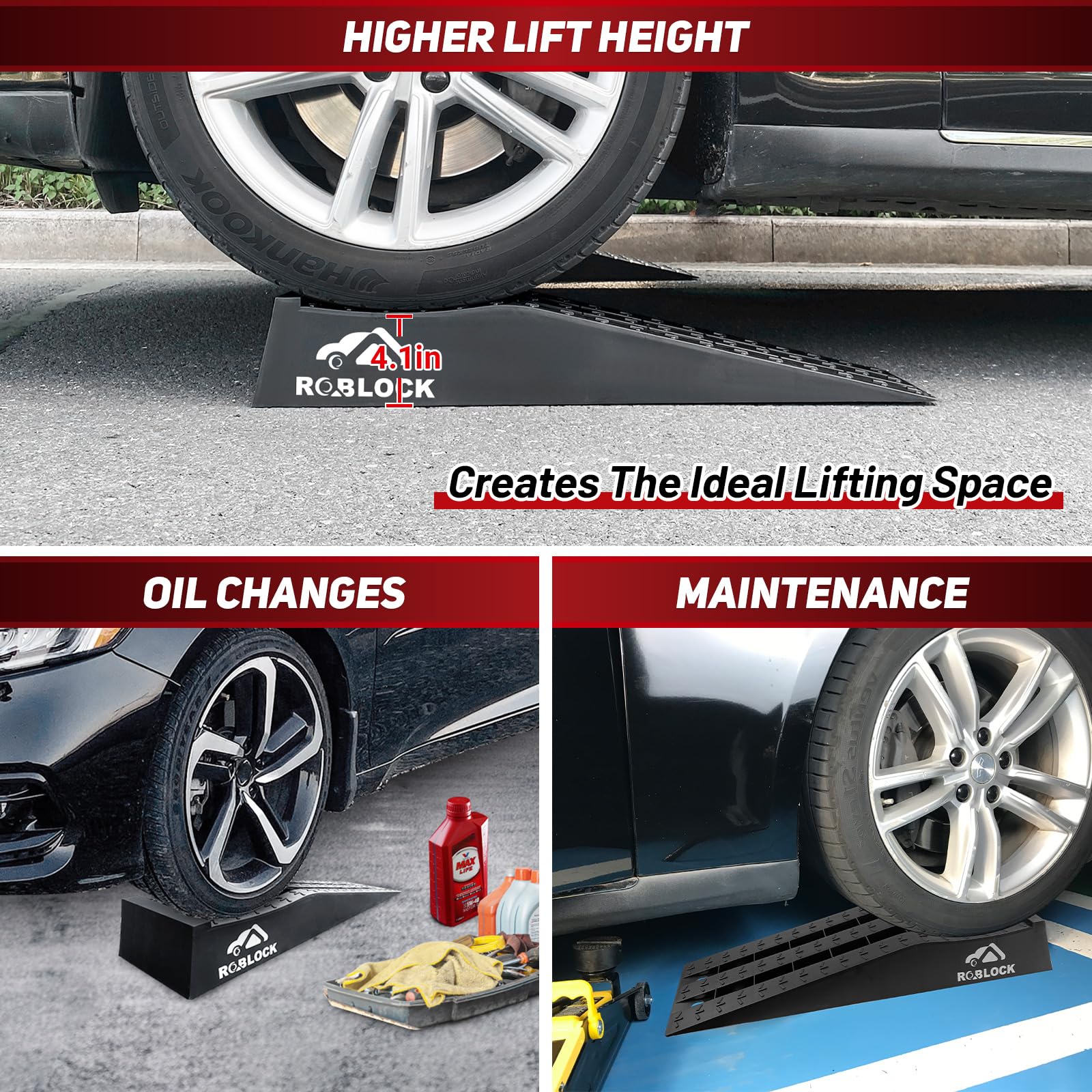 Roblock Heavy Duty Car Ramps For Oil Changes And Jack Support, Portable Low Profile Car Ramps For High Lift, Vehicle Ramps For G
