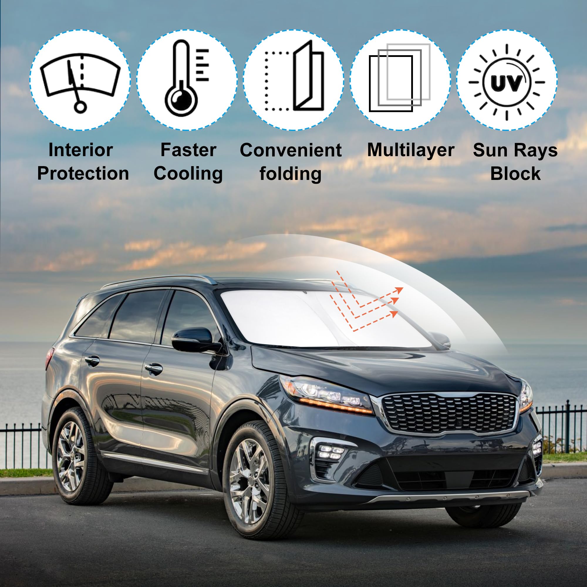 Yycke Windshield Sun Shade Accessories Compatible With 2016-2020 Sorento For Kia Foldable Sunshade Sun Visor Blocks Uv