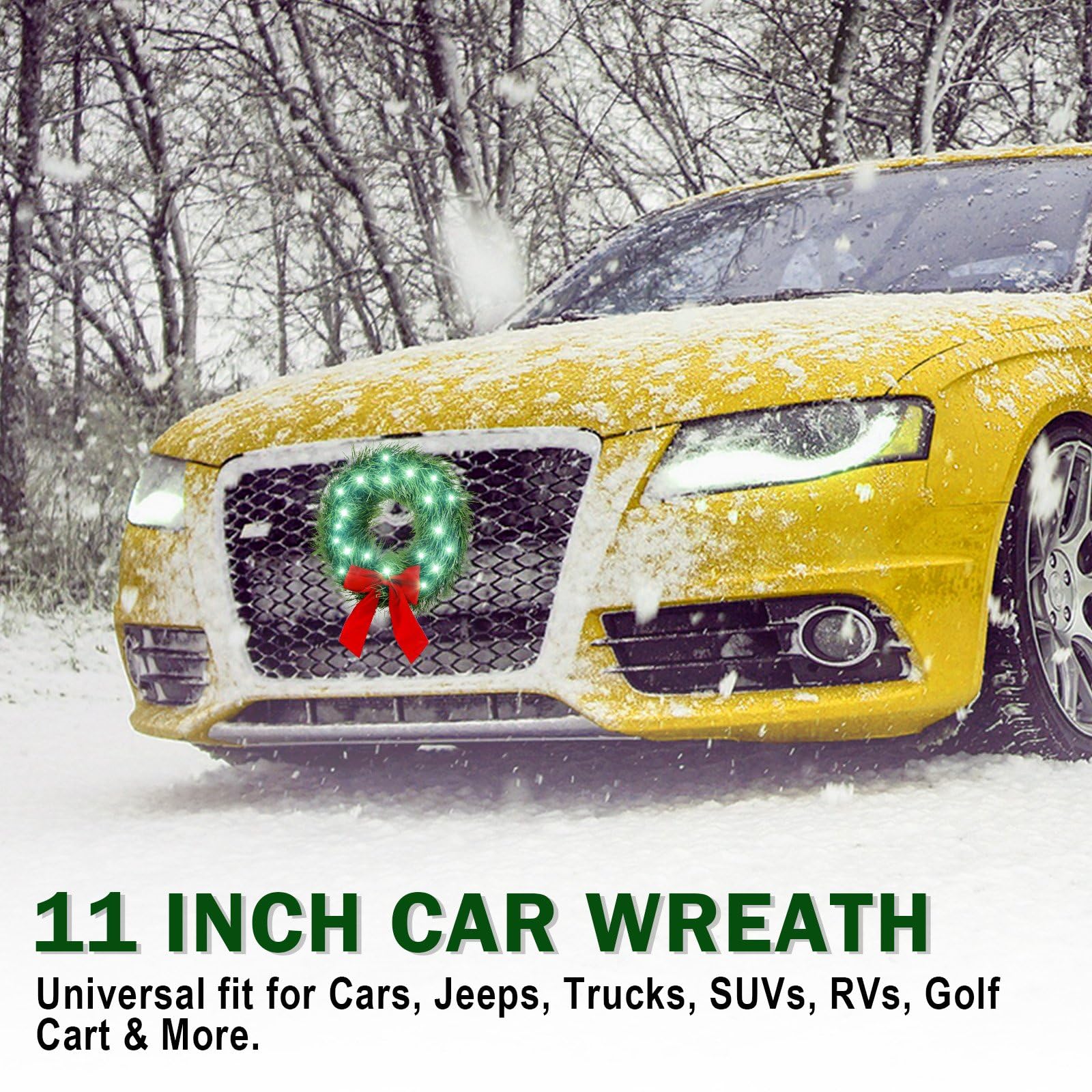 Moveland Led Car Wreath With Red Bow - 11'' Artificial Wreath For Car Grill -12V Plug-In Wreath Lighting - Christmas Car Decorat