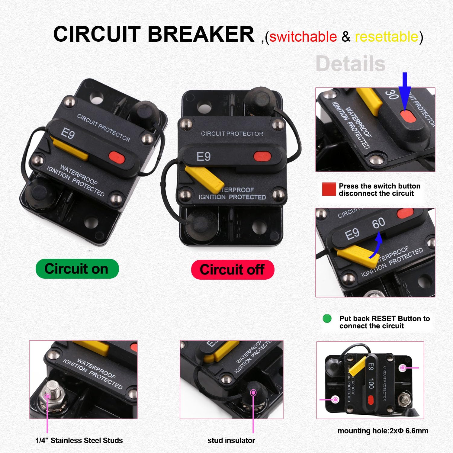 T Tocas 100A Waterproof Circuit Breaker T3 Manual Reset with Recessed Switch for 12V-48V DC Car Audio & Amps Protection