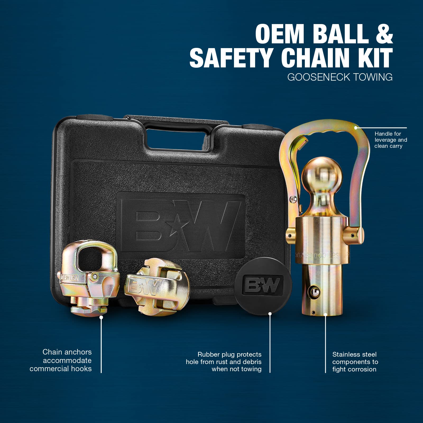 B&W Trailer Hitches OEM Gooseneck Ball & Safety Chain Kit, Stainless Steel, Model GNXA2061 for Ford/GM/Nissan Trucks