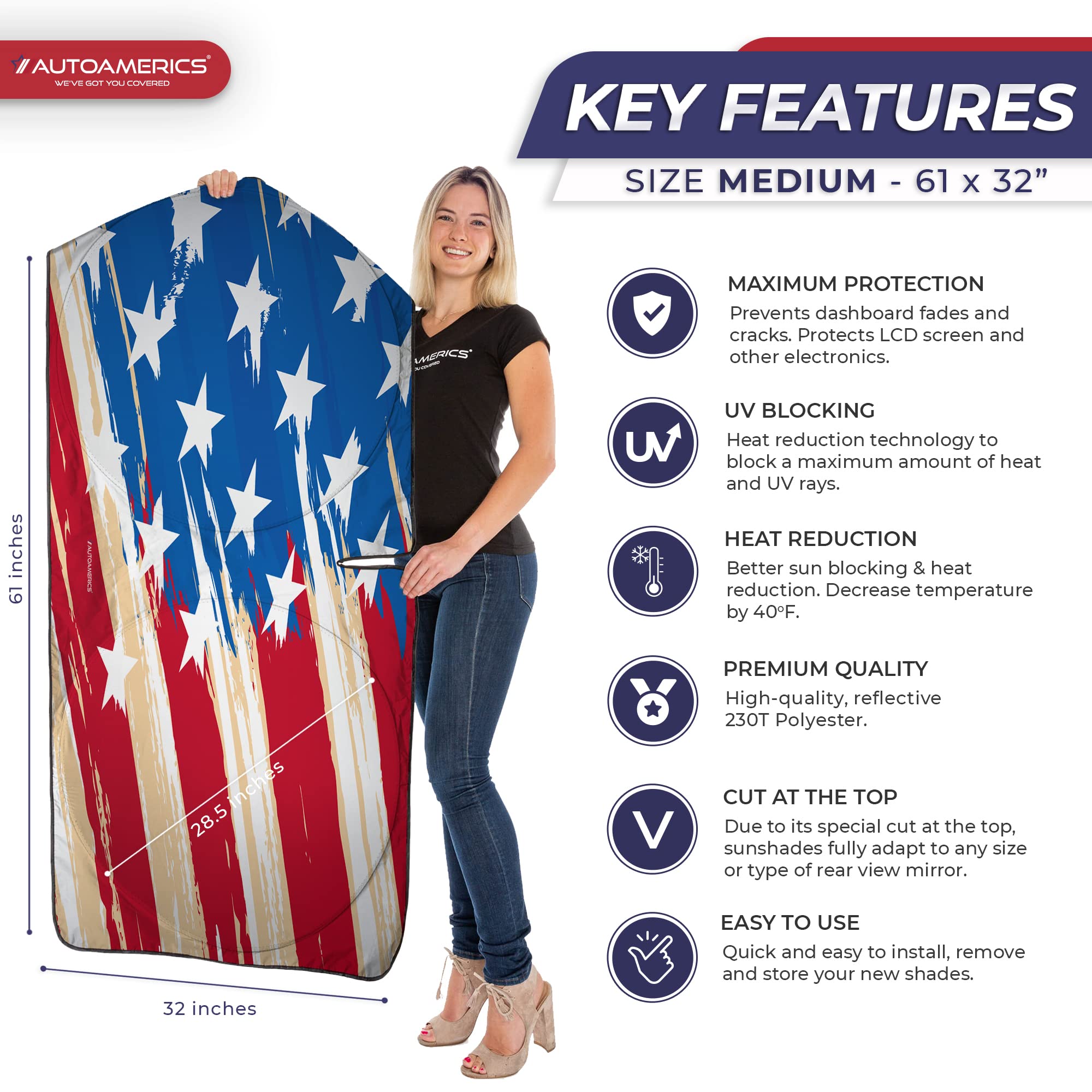 Autoamerics 1-Piece Windshield Sun Shade Usa Art Flag - 1 American Design - Foldable Car Front Window Sunshade For Most Sedans S