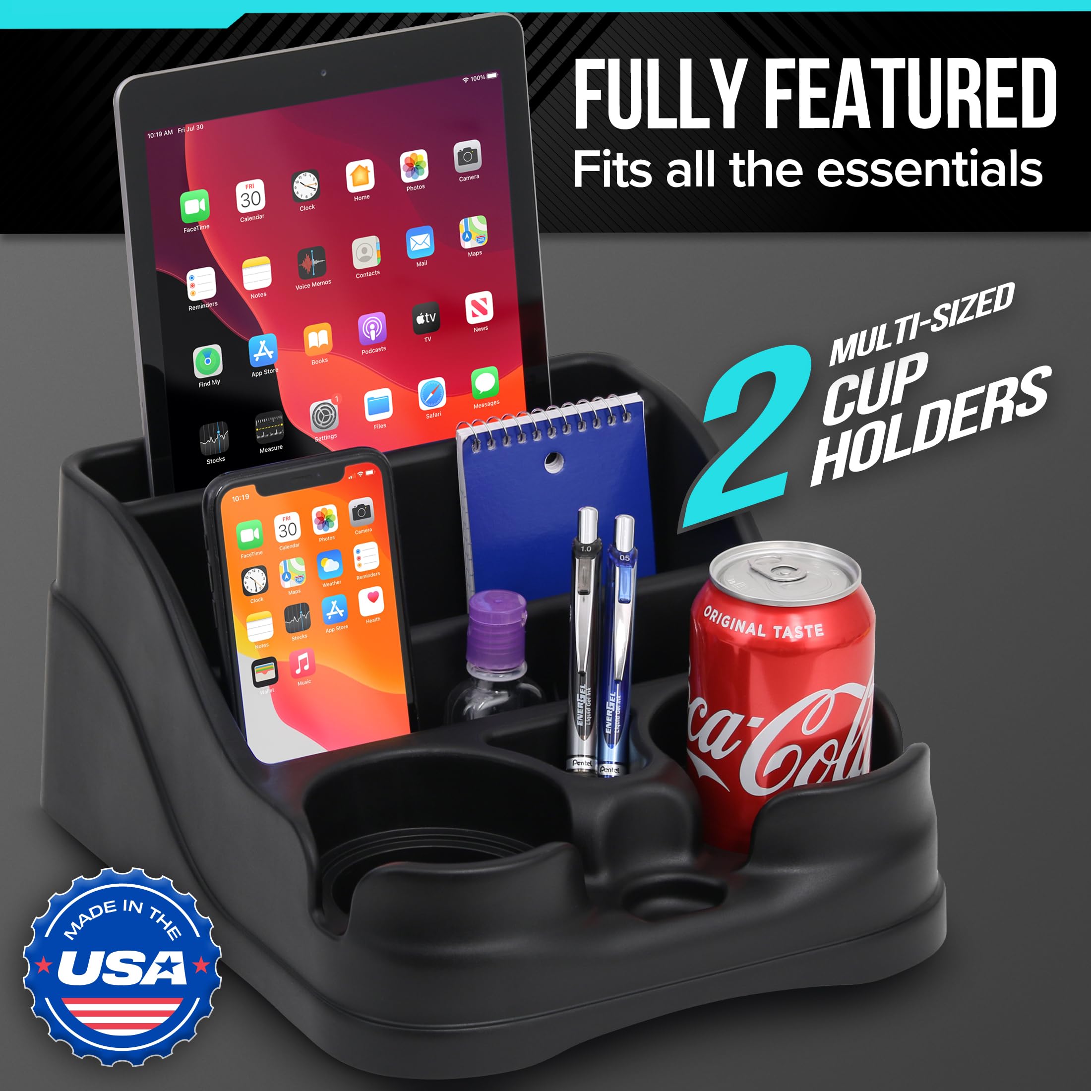 Moblorg Small Black Center Console Organizer for Cars, Trucks, Minivans & SUVs - Recycled Plastic, Cup Holders, Made in USA