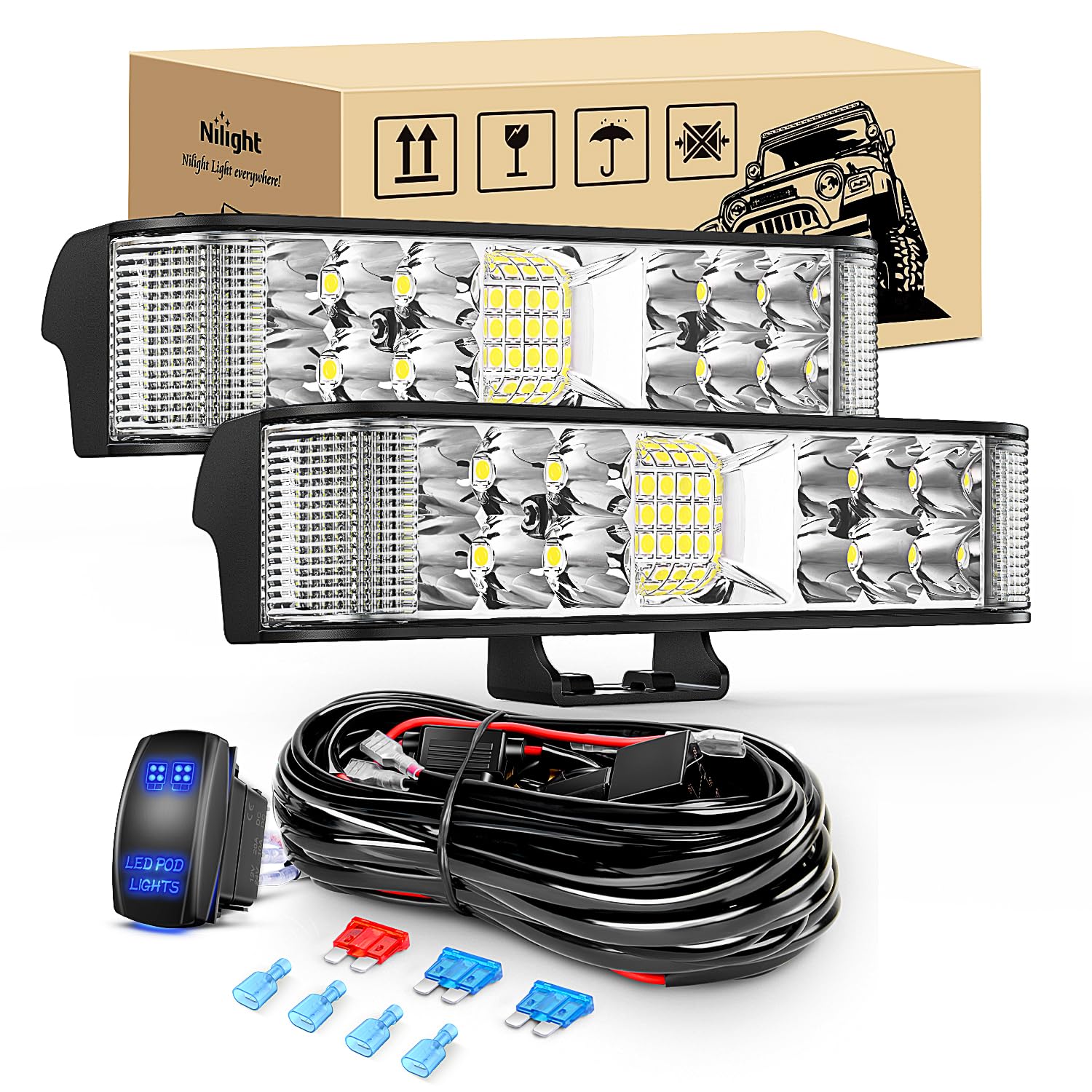 Nilight Side Shooter Led Light Bar 2Pcs 6.5 Inch 60W Flood Spot Beam Combo Fog Driving Pods 16Awg 5Pin Rocker Switch Wiring Harn