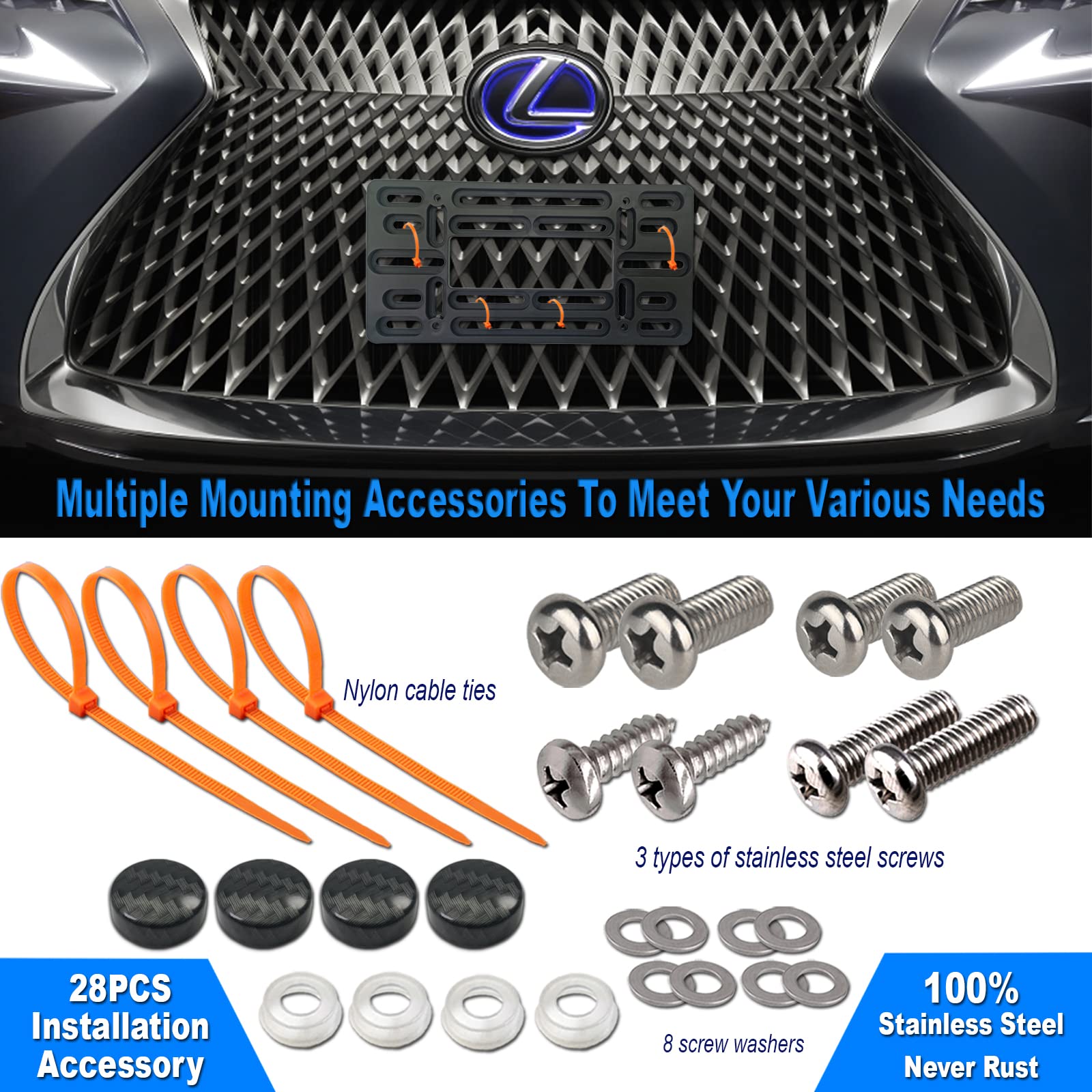 Zxfoog Front License Plate Mounting Kit- Bumper License Plate Bracket & Aluminum Carbon Pattern Car Tag Frame, Universal No Drilling Hole Adapter For Truck/Trailer, With Screws Cap, Rattle Proof Pad