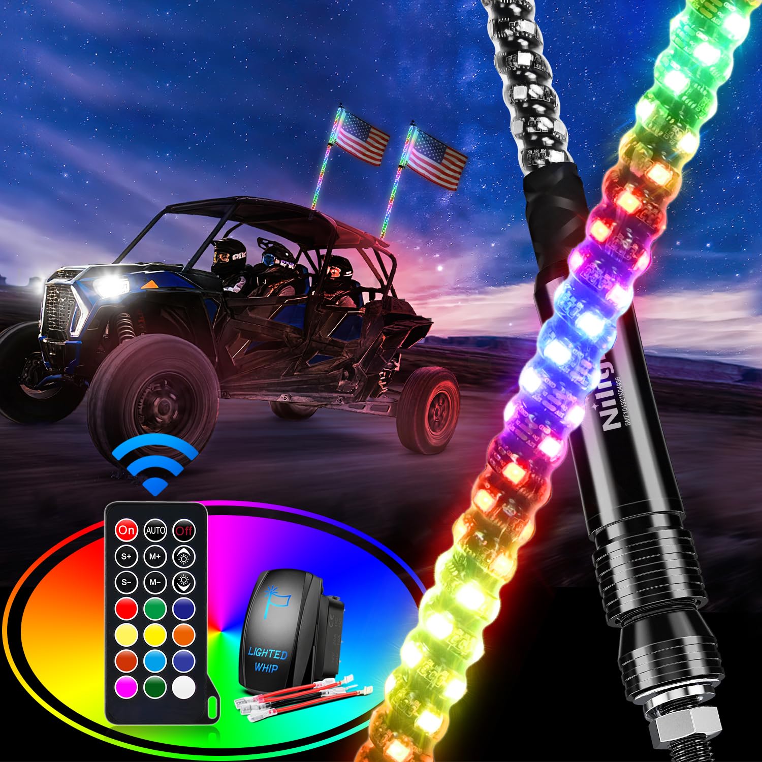 Nilight 2Pcs 2Ft Spiral Rgb Led Whip Light W/Rgb Chasing/Dancing Lights Rf Remote Control Lighted Antenna Whips For Can-Am Atv U