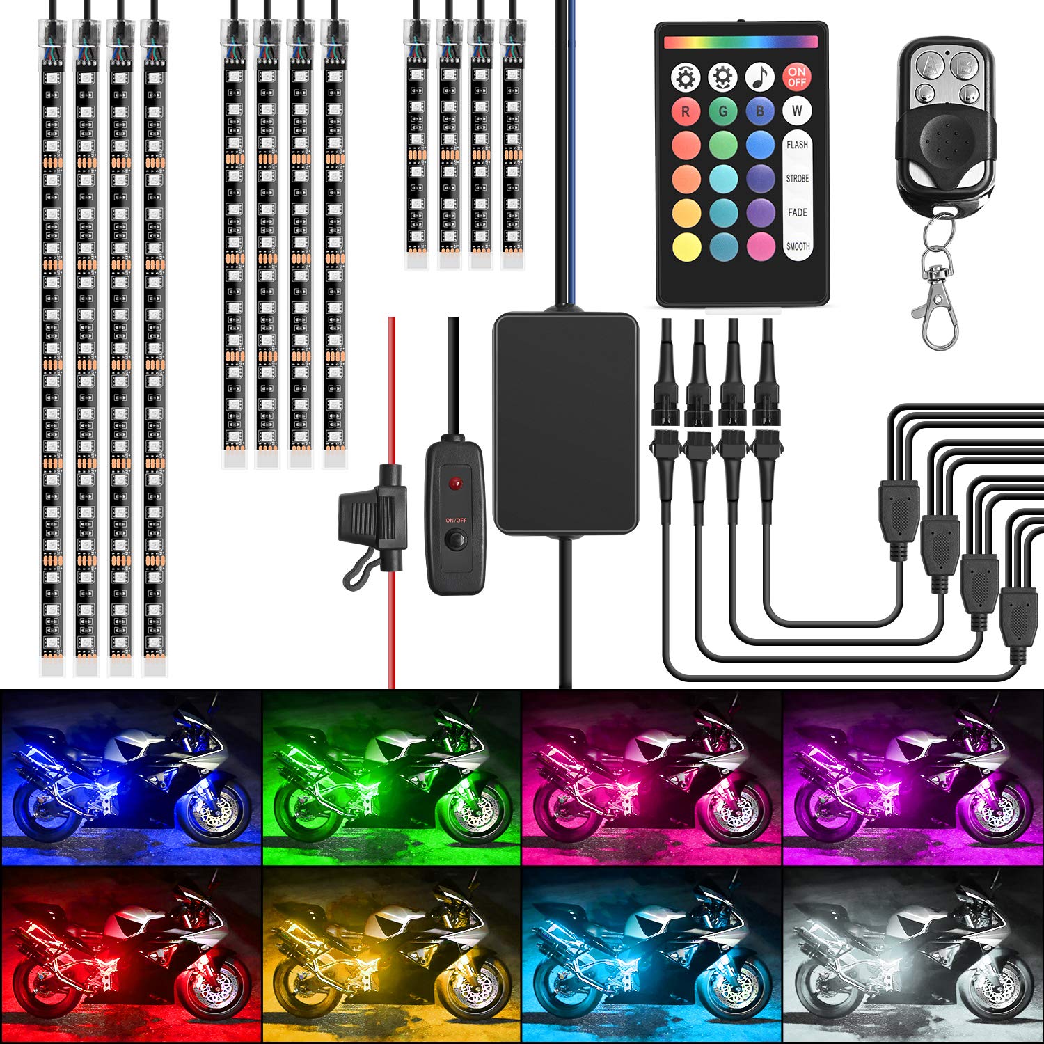 Nilight - TL-35 12PCS Motorcycle RGB Led Light Kit Waterproof Multi-Color Atmosphere Lights Lamp with Dual RF Wireless Remote Co