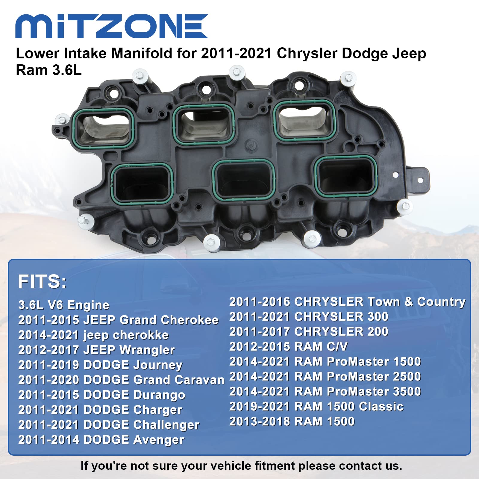 Mitzone Intake Manifold With Gasket Compatible With 2011-2018 Jeep Dodge Ram Chevy 3.6L V6 Vehicles Grand Cherokee Wrangler Journey Grand Caravan Town Country Replace 05184199Af
