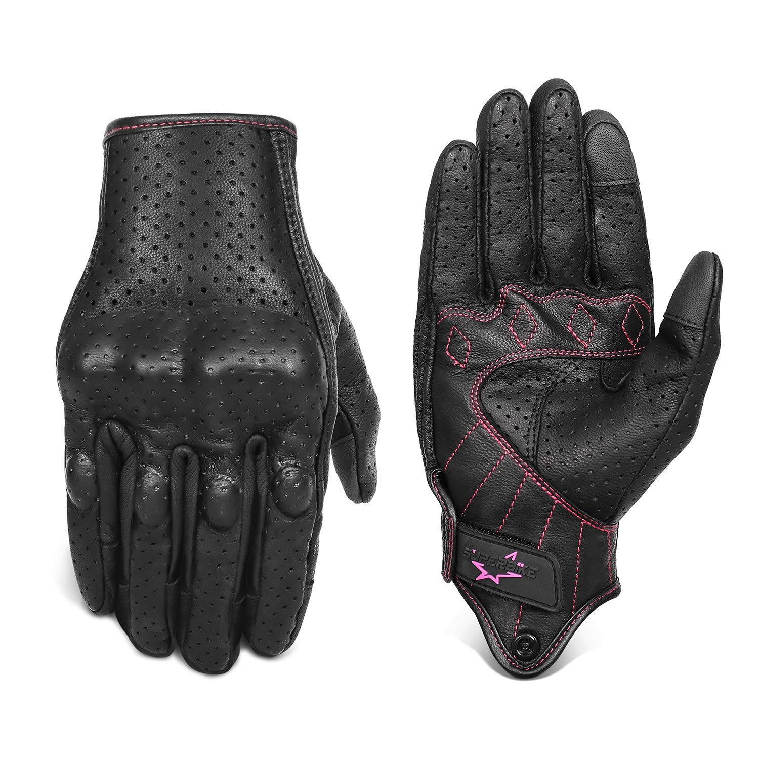 Women ’S Touchscreen Motorcycle Gloves Full Finger Black Leather Armored Ladies Motorbike Gloves (G01W-Black Leather With Rose Line, M)