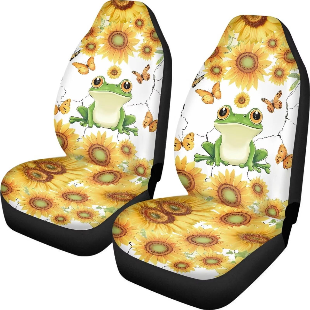 Buybai Frog Car Cover Set Non Slip Sunflower Car Seat Cover Set Protector Decors Non-Fading Bucket Saddle Blanket 2 Pieces Set