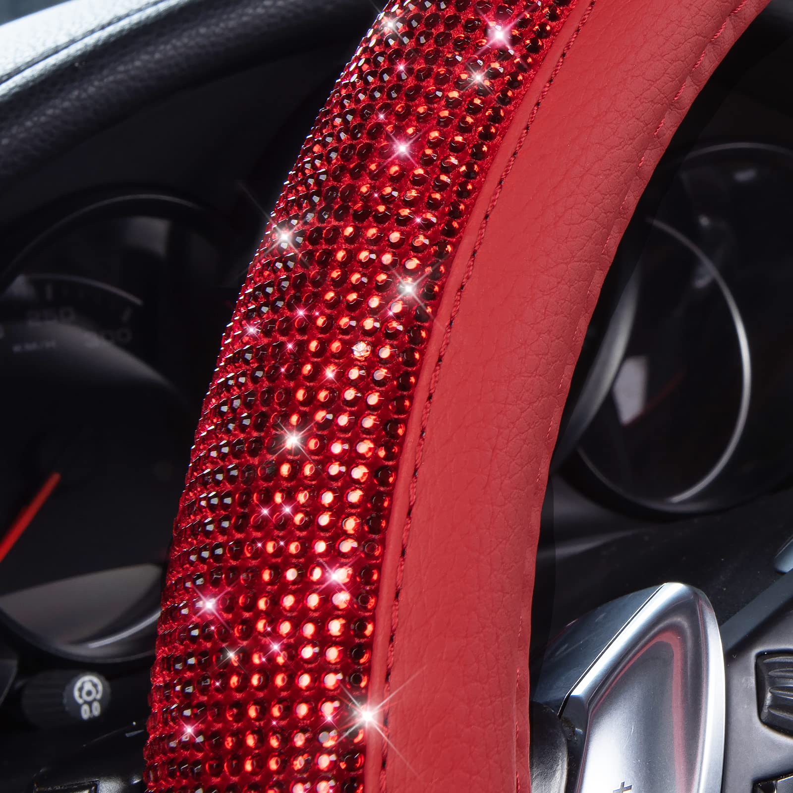Car Pass Bling Diamond Leather Steering Wheel Cover, With Bling Sparkly Crystal Glitter Rhinestones Universal Fit 14 1/2-15 Car Wheel Protect For Women Girl Fit Suvs,Vans,Sedans,Cars,Trucks, Red