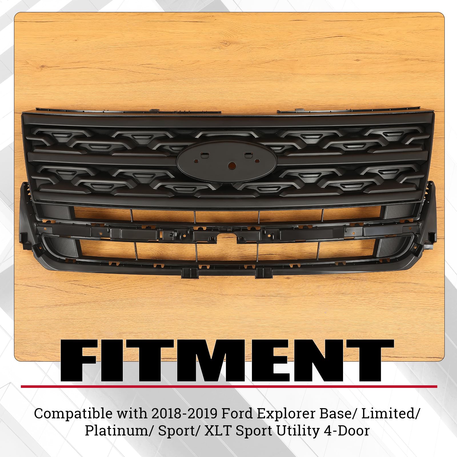 HECASA Grille Compatible with 2018-2019 Ford Explorer Base/Limited/Platinum/Sport/XLT Sport Utility 4-Door Front Bumper Upper Ho