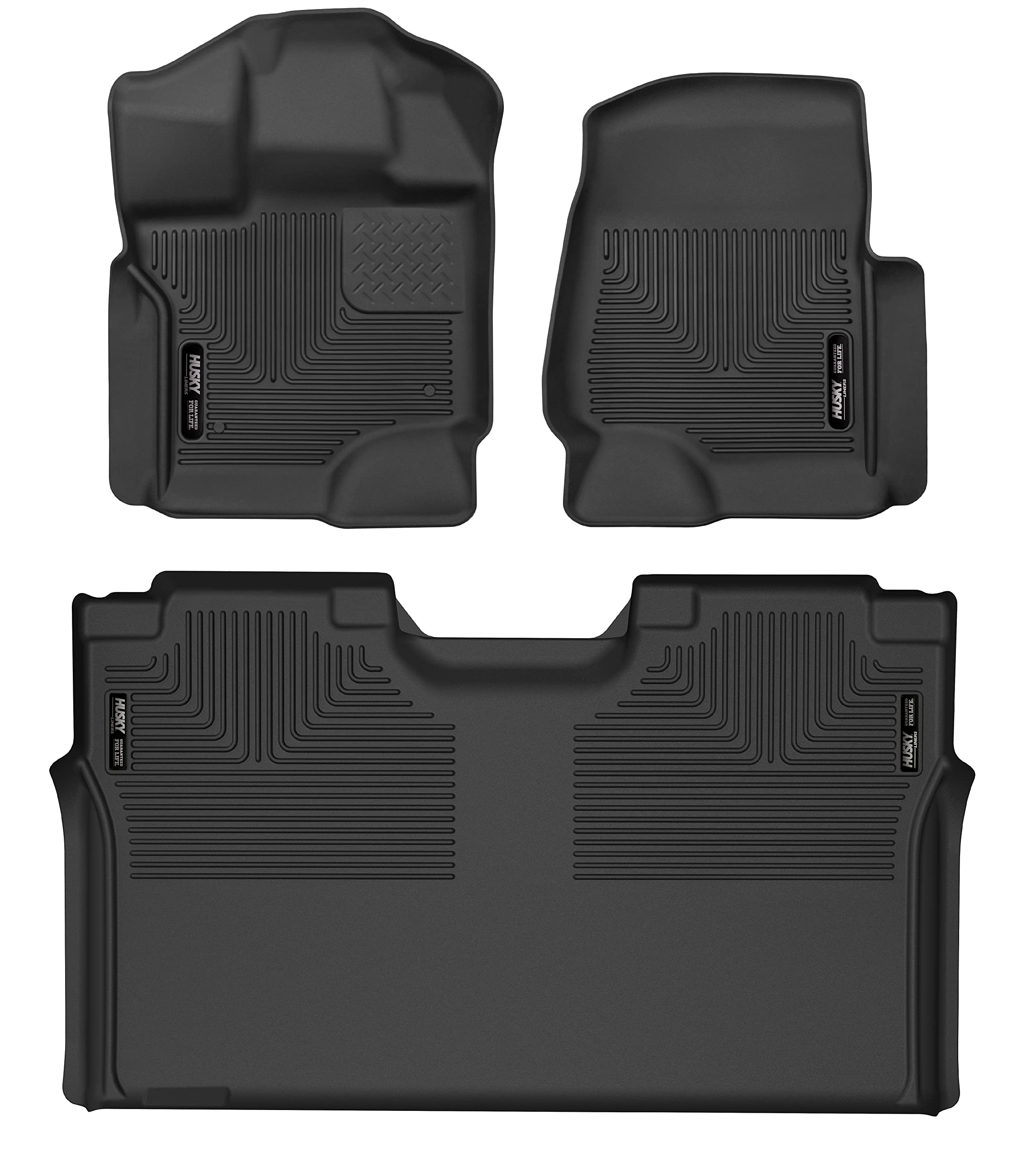 Husky Liners X-Act Contour Floor Mats | Fits 2015 - 2024 Ford F-150 Supercrew; 2022 - 2024 Ford F-150 Lightning Supercrew W/0 Fold Flat Storage | Front & 2Nd Row, 3-Pc Black - 53498