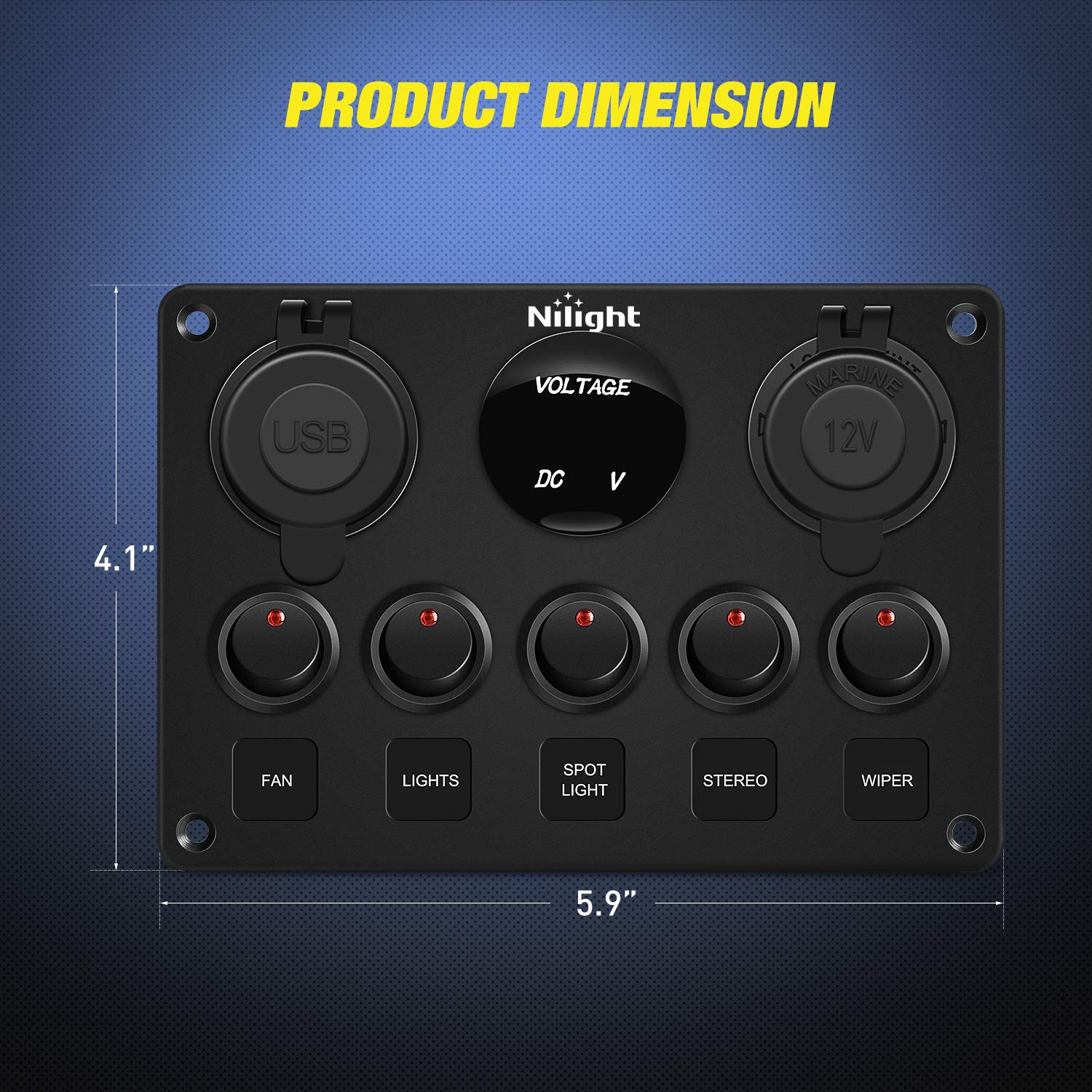 Nilight 5 Gang Multi Function Rocker Switch Backlit Dual Usb Charger, Digital Voltmeter, 12V Outlet Pre-Wired Switch Panel With