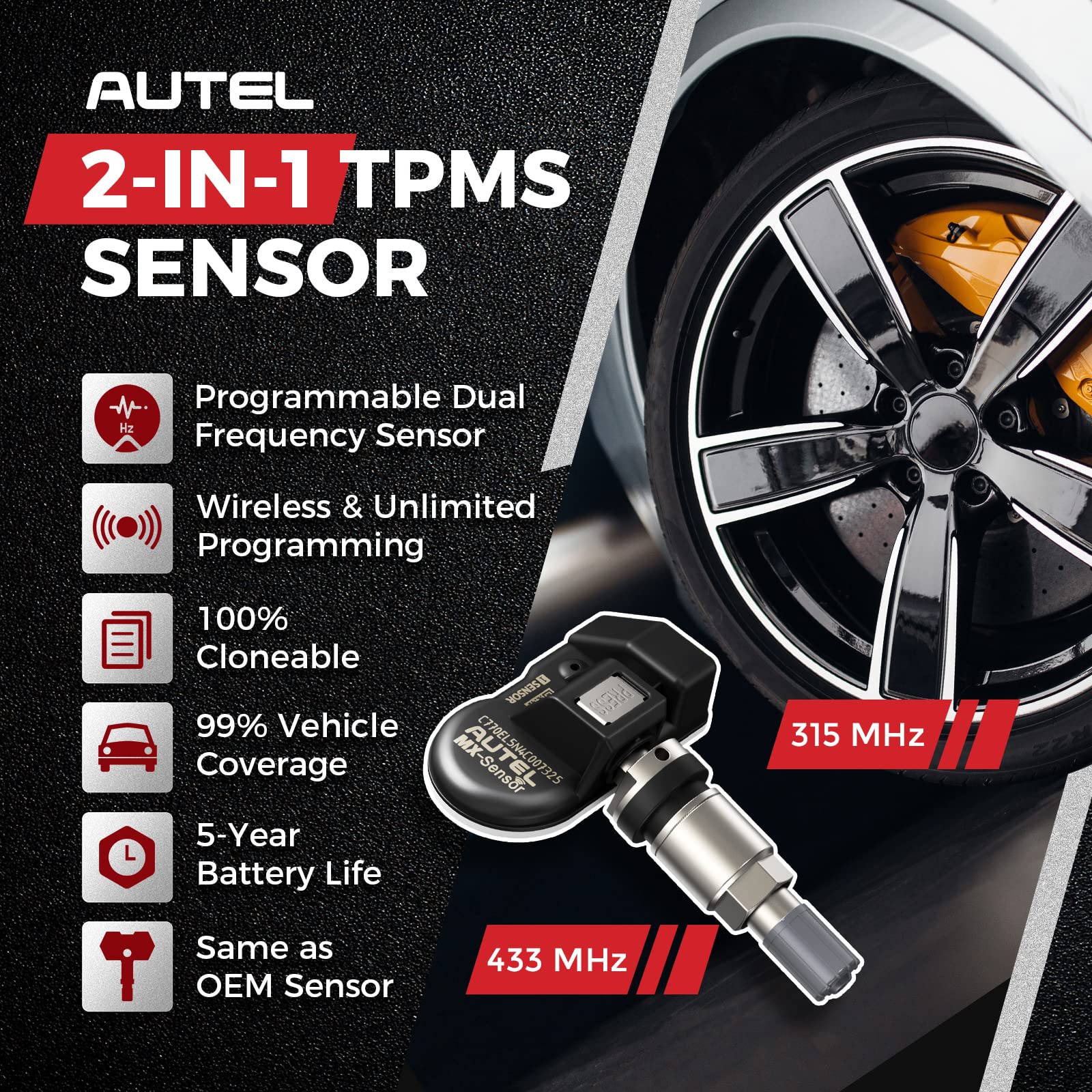 Autel TPMS Sensor 1-Sensor, MX-Sensor 315MHz + 433MHz Metal Valve, Programmable Universal Specially Built for OEM Sensors Replac