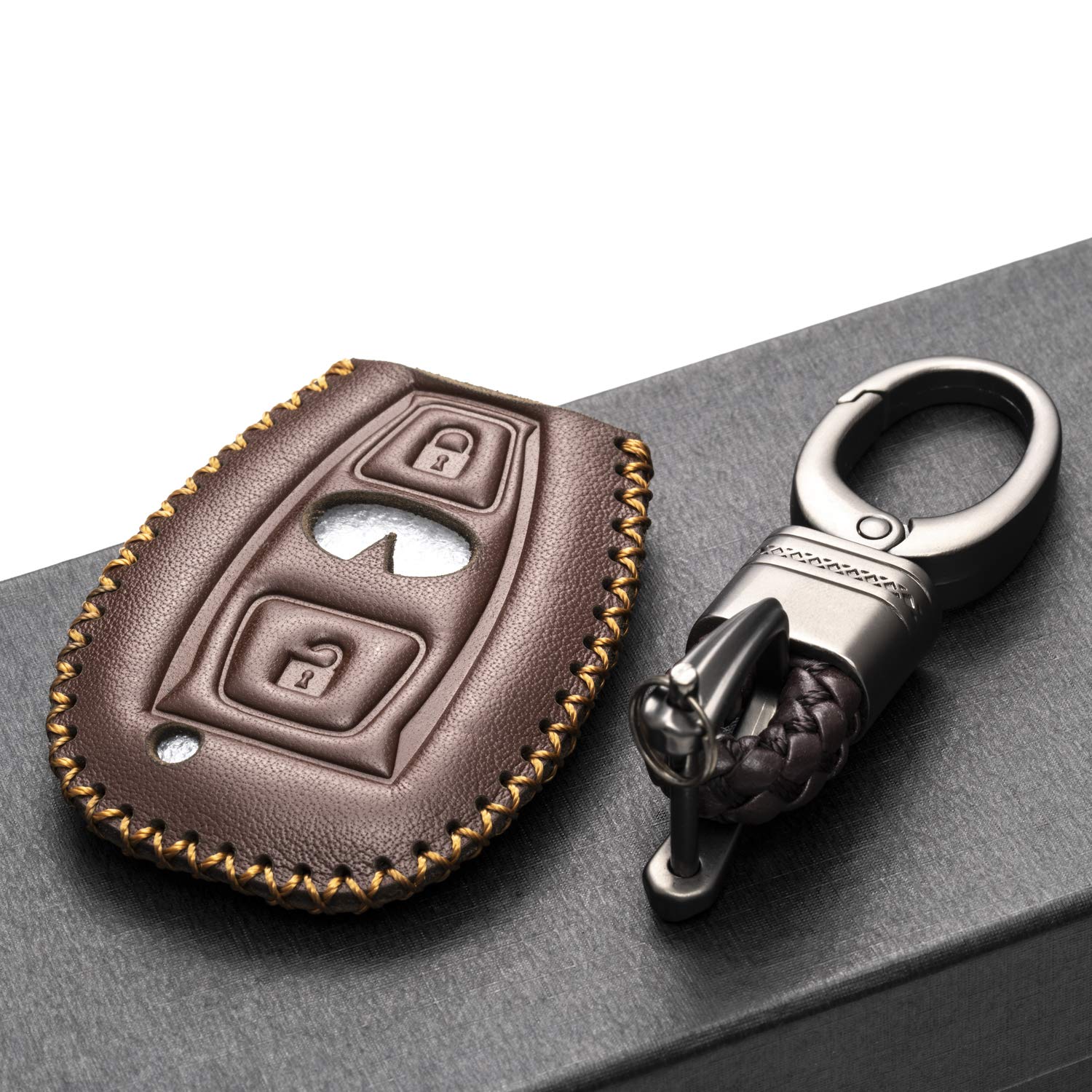 Vitodeco Genuine Leather Smart Key Fob Case Cover Protector with Leather Key Chain for 2017 - 2018 Infiniti QX30 (3-Button, Black/Red)