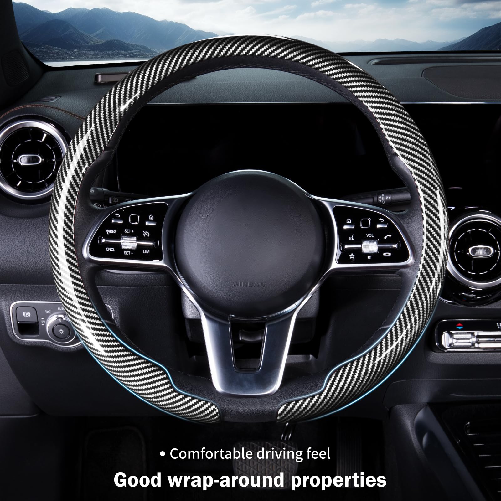 Car Steering Wheel Cover Carbon Fiber Snap On Steering Wheel Accessories Wrap 14.5-15 inch Universal Grip Anti-Skid Protector, G