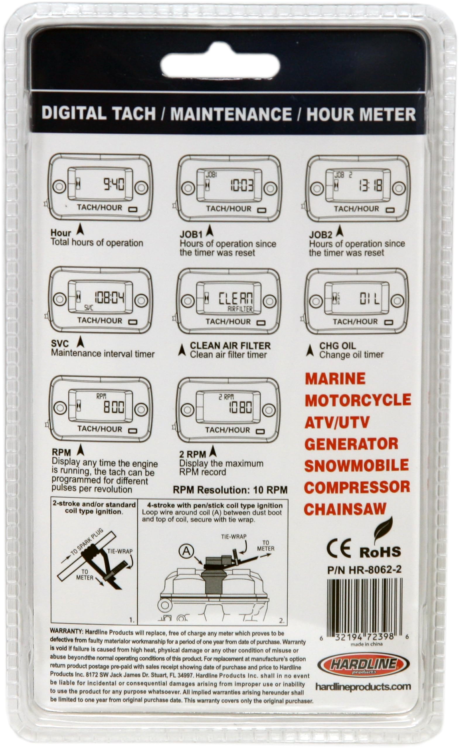 Hardline Products Hr-8062-2 Hour/Tach Meter For Gas Engine,8 Cyl