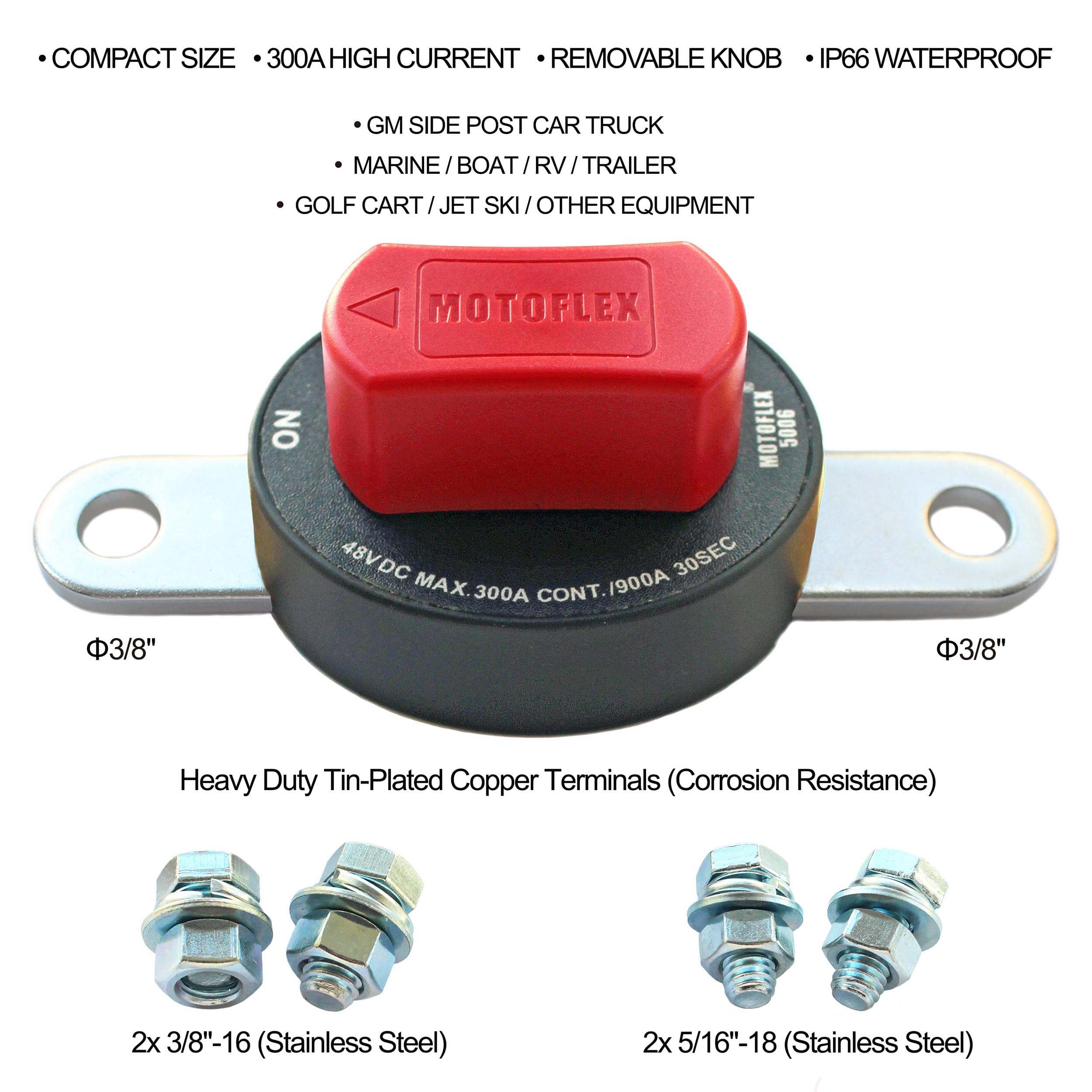 MOTOFLEX Side Post Battery Disconnect Switch for GM Car Truck, Marine RV Battery Switch 12V-48V Power Cut Off High Current 300A/