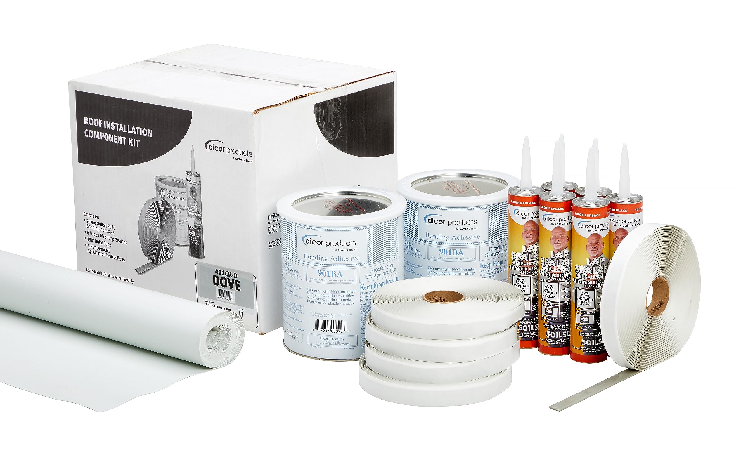 Dicor 401-Ck-D Rv Rubber Roof Kit - Bonding Adhesive, Rv, Trailer, Motorhome Repair Butyl Tape, Lap Sealant Included, Dove (Bright White)