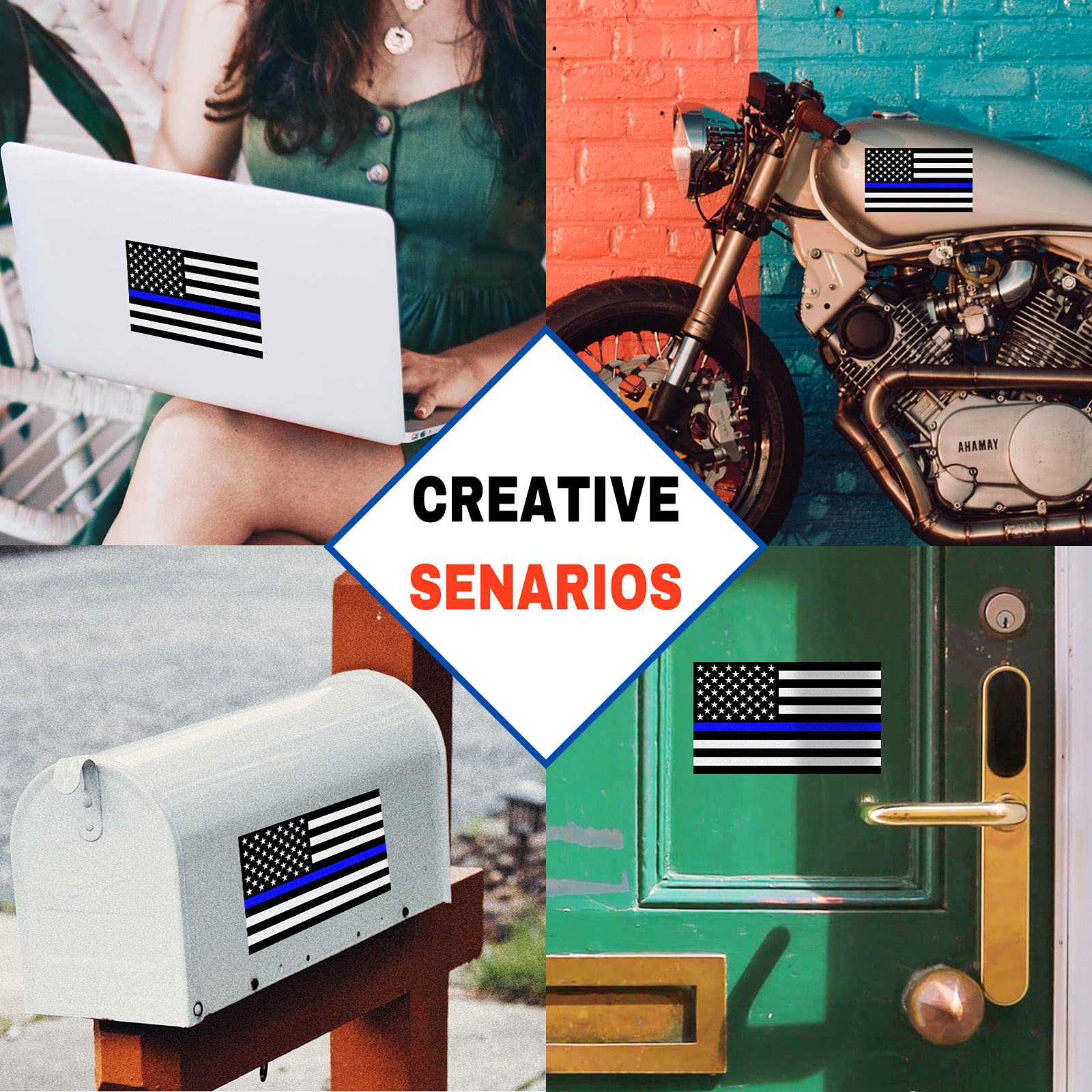 Reflective Us Flag Decal Packs With Thin Blue Line For Cars & Trucks, 5 X 3 Inch American Usa Flag Decal Sticker Honoring Police