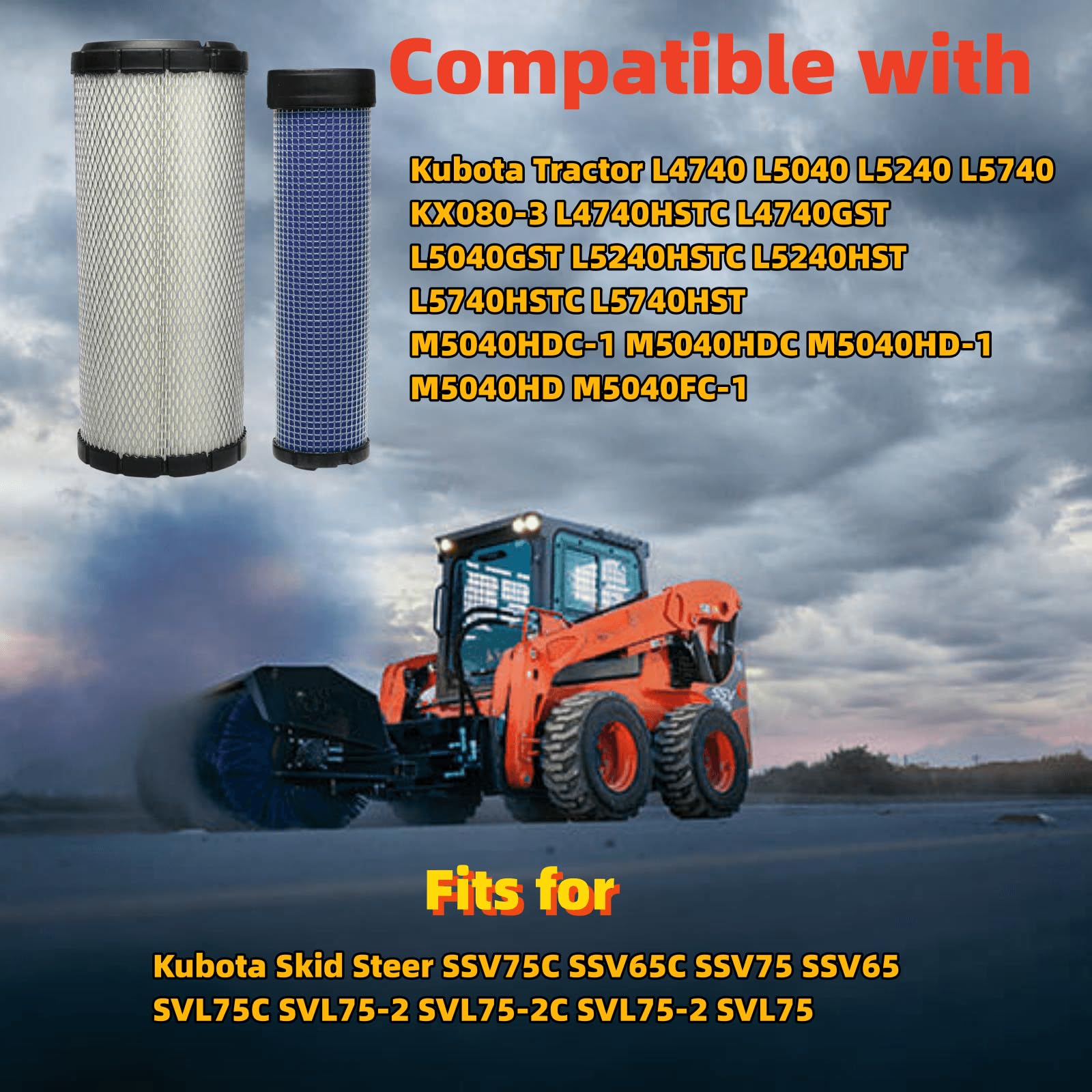 59800-26110 3A111-19130 Air Filter Kit Compatible with Kubota Skid Steer SSV75C SSV65C SSV75 SSV65 SVL75C SVL75-2 Excavator KX08