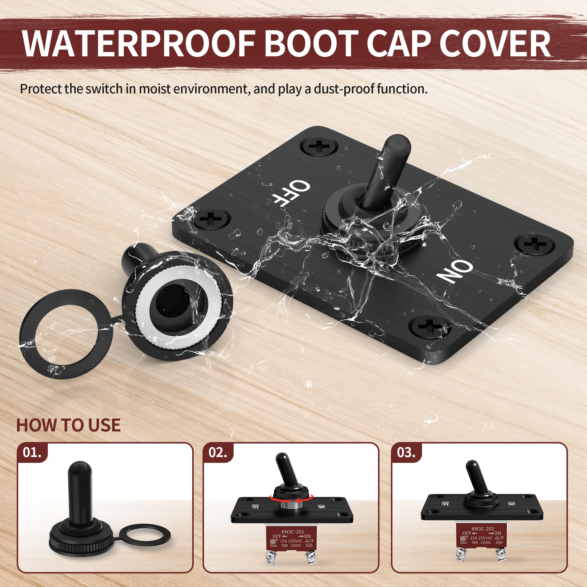 RVMARINEPAT Toggle Switch Waterproof ON/Off DPST 4 Pin 30A 12V DC 20A 120V AC Toggle Rocker Switch 2 Way with Mounting Panel Cov