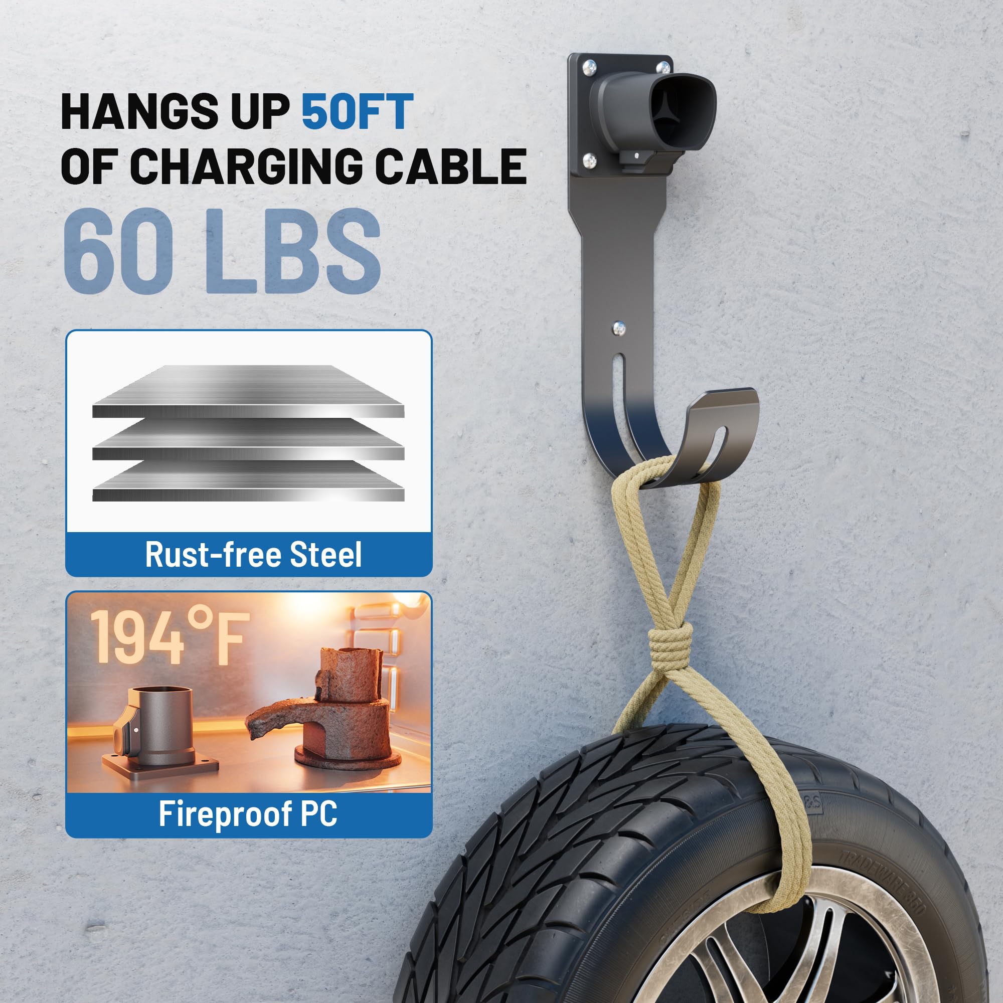 MECMO Tesla Charger Holder - Wall Mount Dock & J-Hook for Model 3/Y/X/S, Heavy Duty Steel EV Charging Cord Hanger