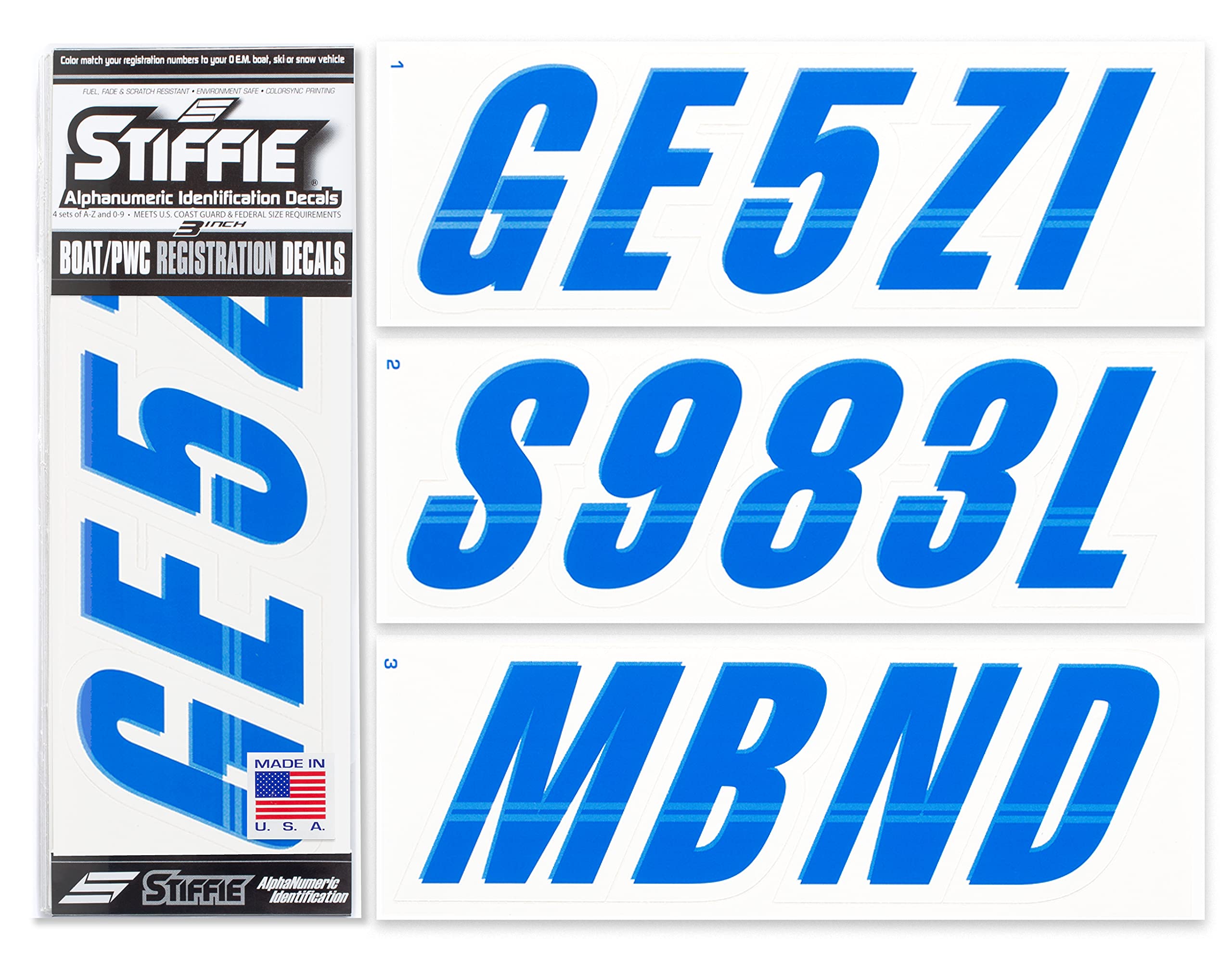 Stiffie Techtron Blue/White 3 '' Boat & Pwc Registration Decals  Numbers Letters Stickers